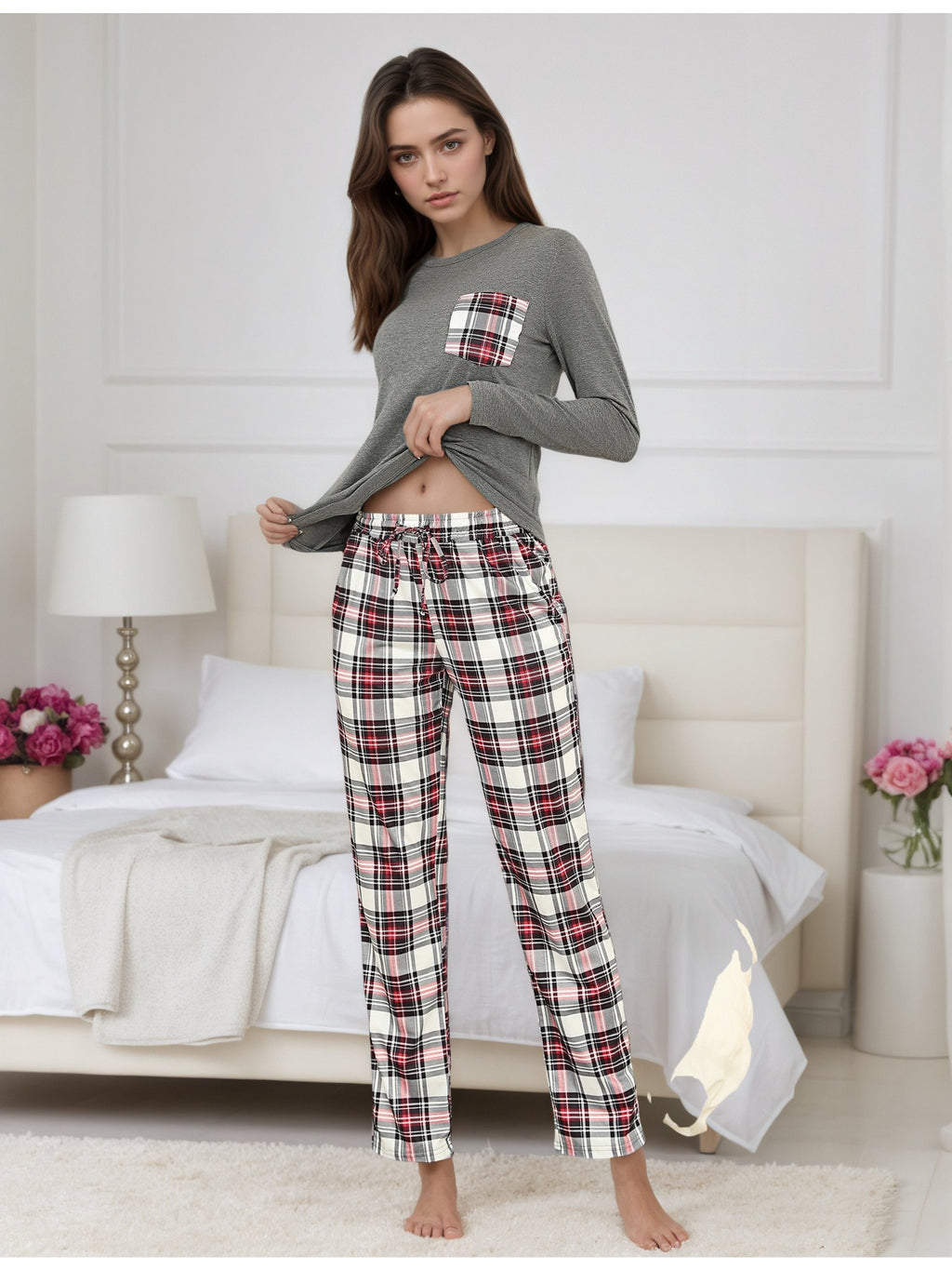Damen Baumwoll Pyjama Kariert Set