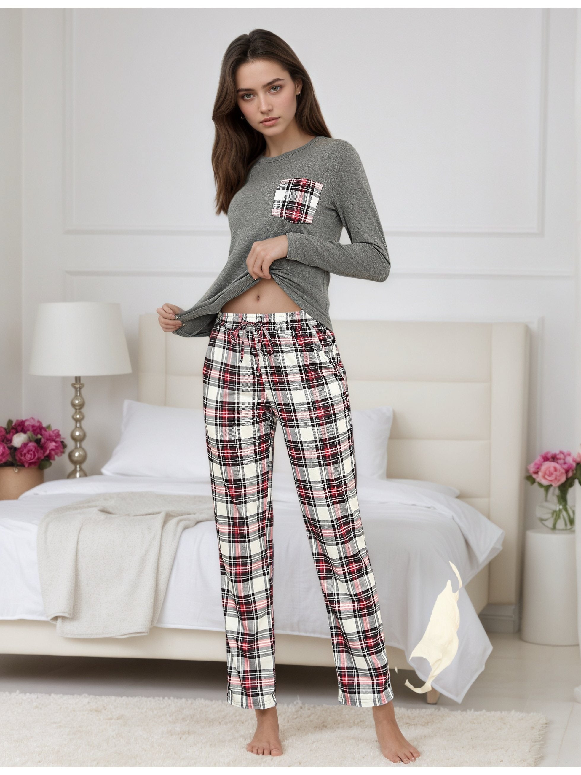 Damen Baumwoll Pyjama Kariert Set