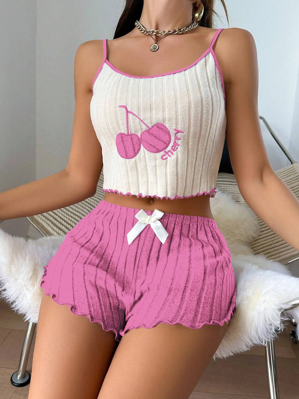 Damen Sommer Pyjama Set Kirschen