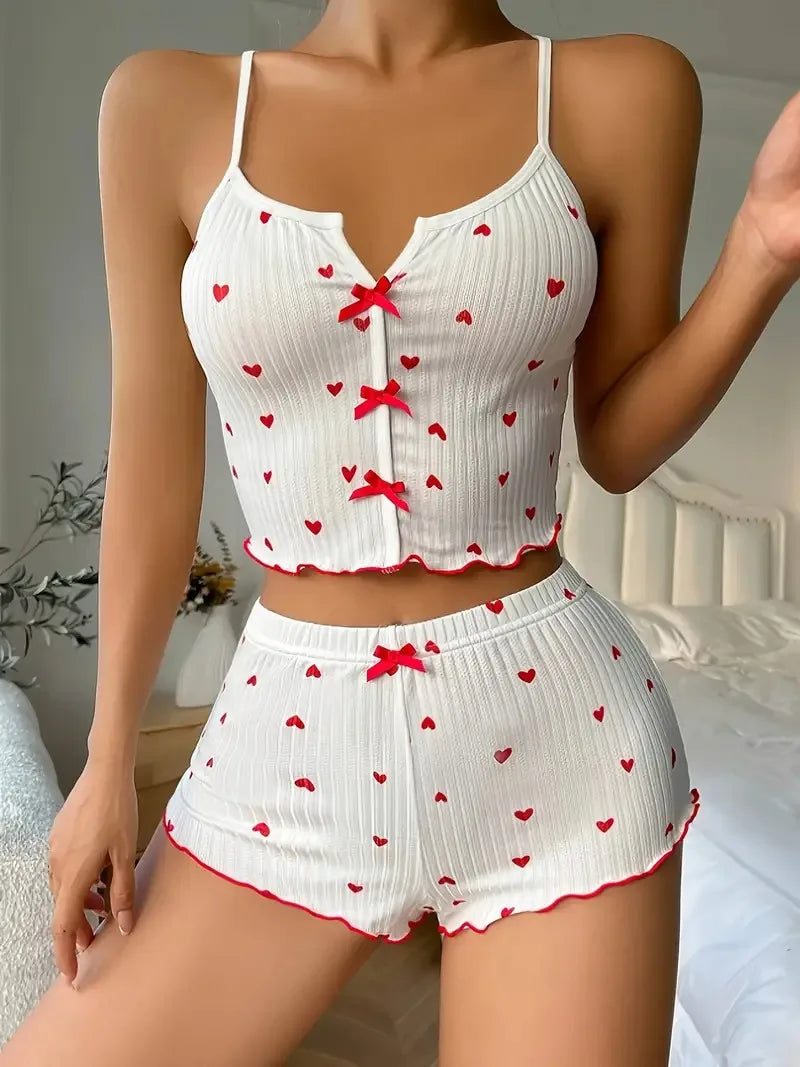 Damen Pyjama Set Herzen Rüschen