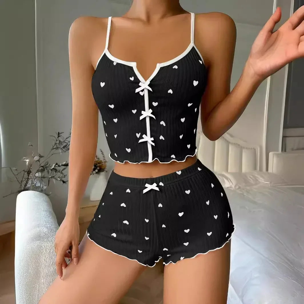 Damen Pyjama Set Herzen Rüschen