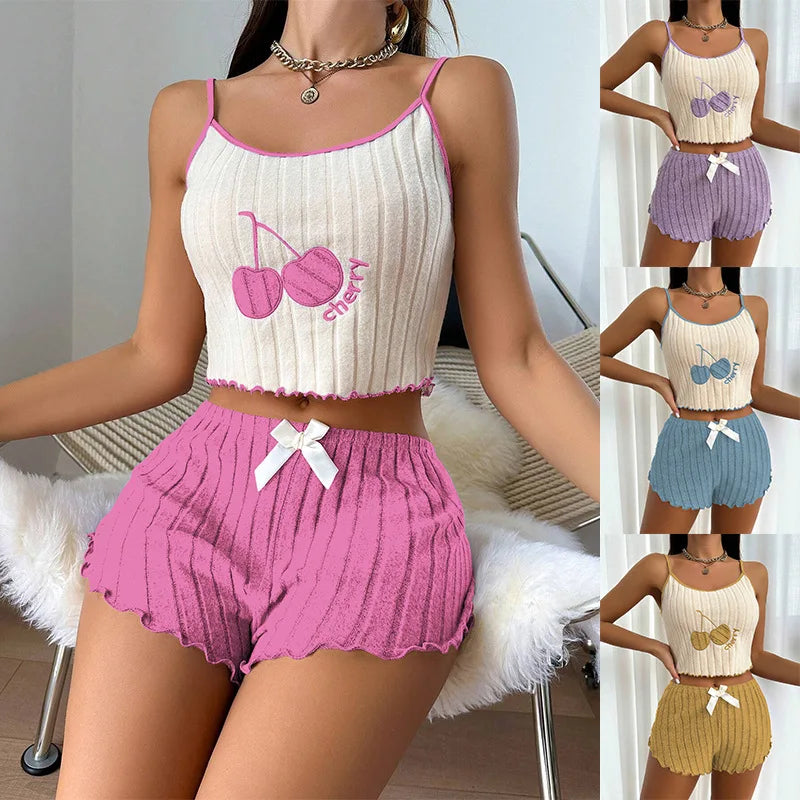 Damen Sommer Pyjama Set Kirschen