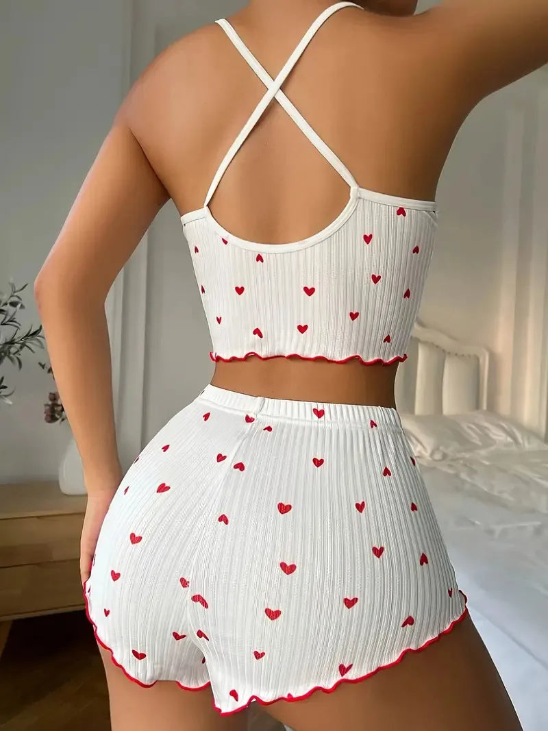 Damen Pyjama Set Herzen Rüschen