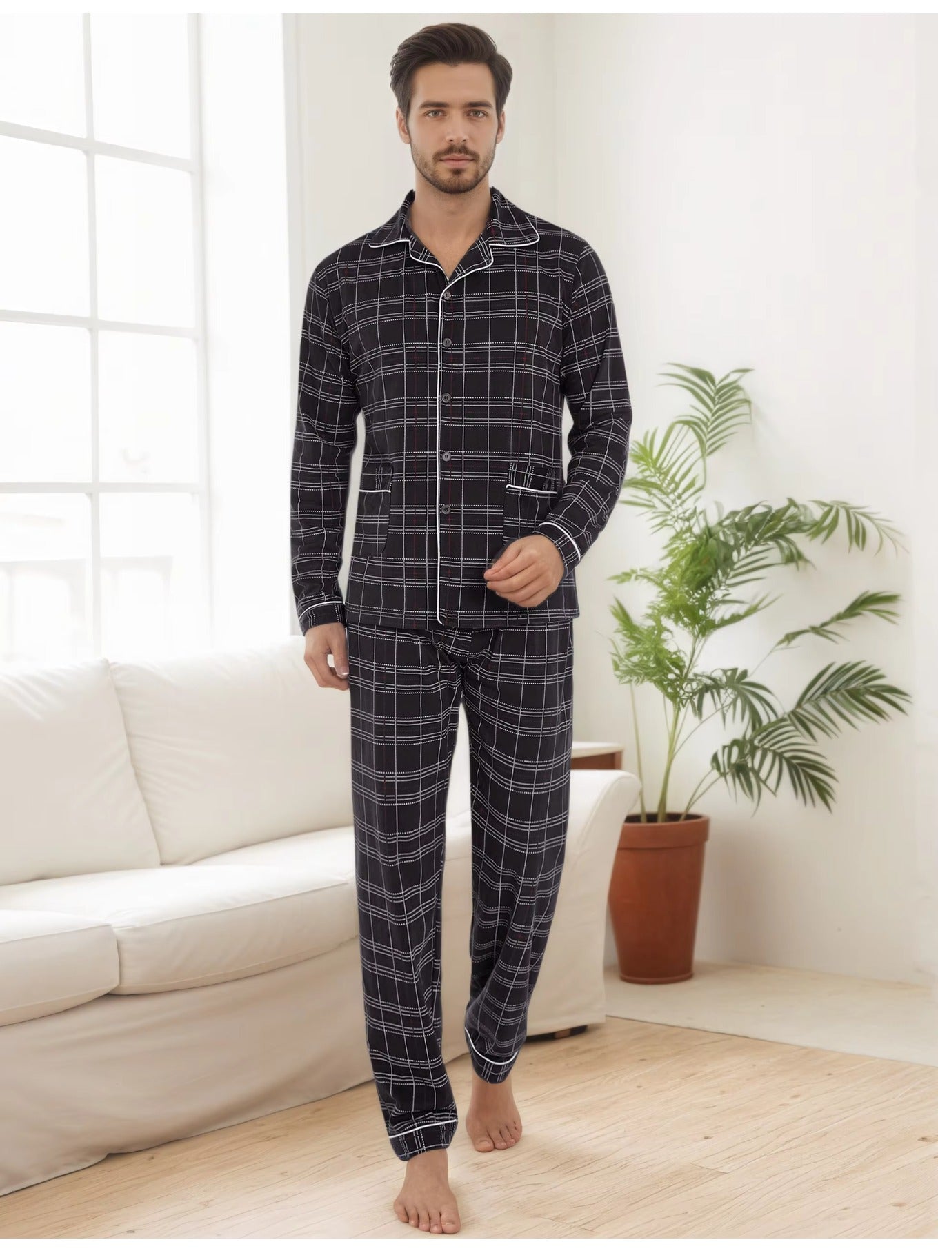 Herren Karierter Pyjama V-Ausschnitt
