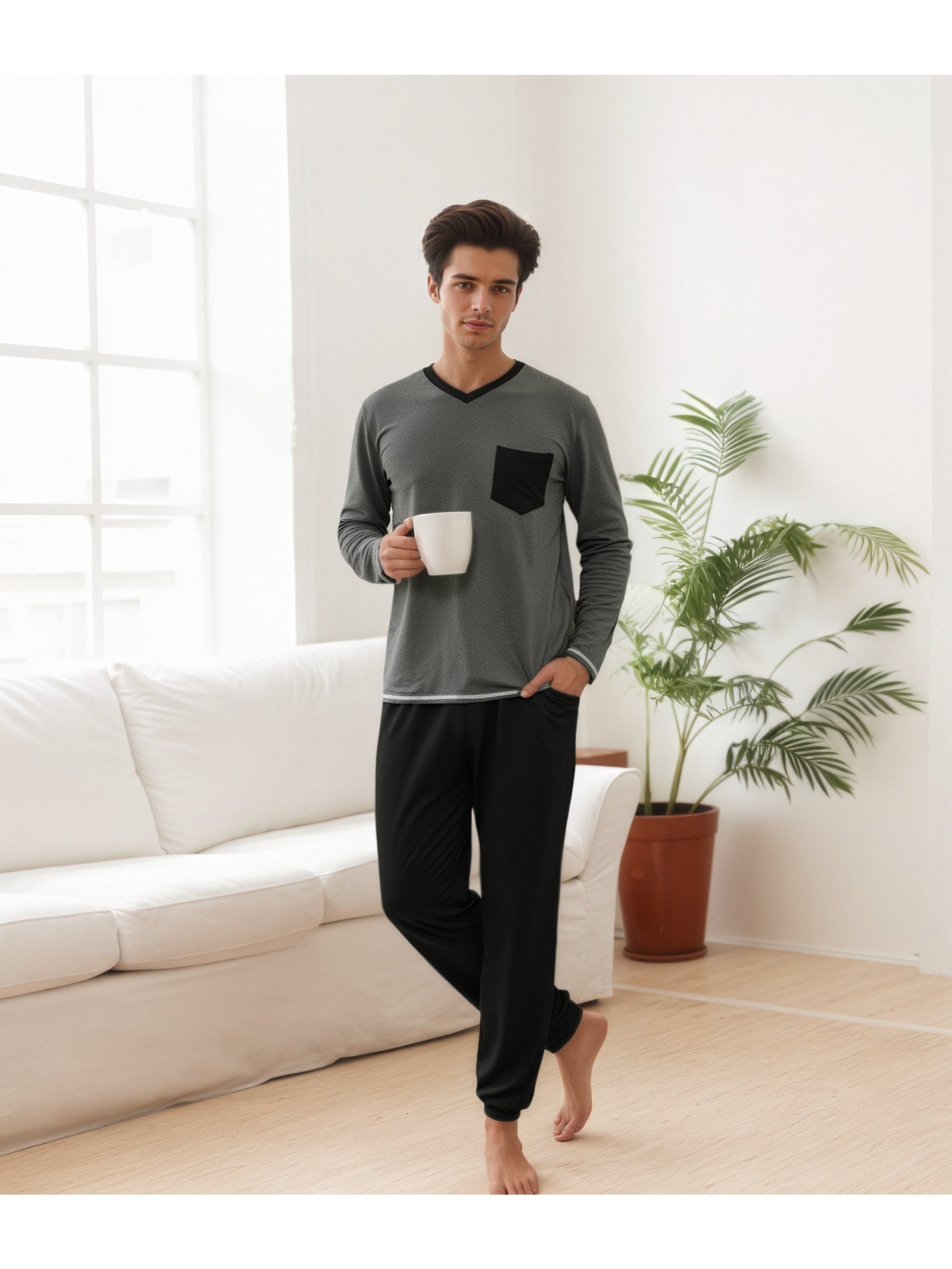Herren Baumwoll Pyjama Winter Langarm