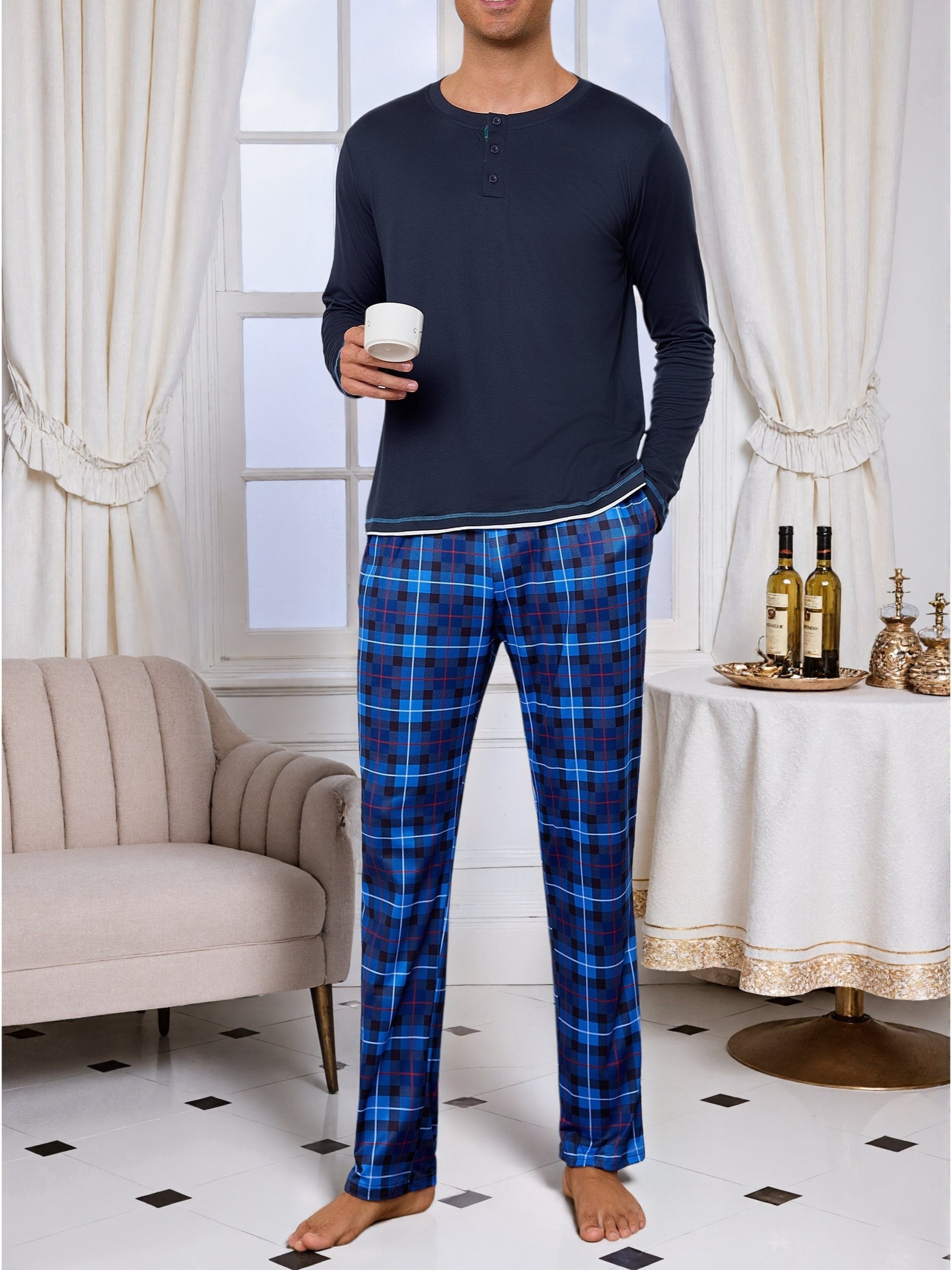 Herren Baumwoll Pyjama Rundhals Set