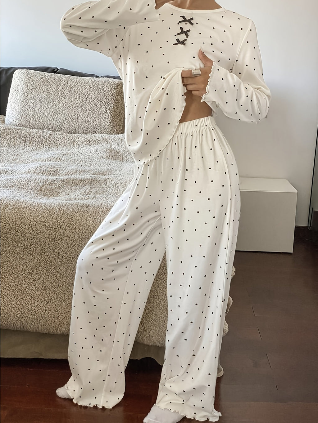 Damen Pyjama Set Spitze Schleife