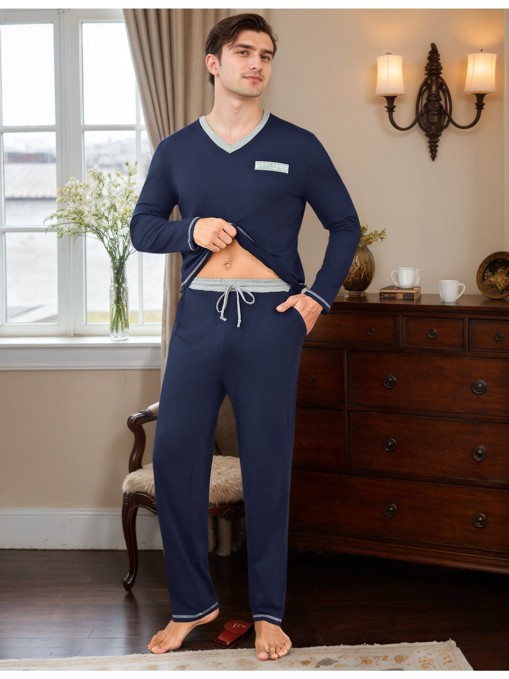 Herren Baumwoll Pyjama V-Neck Print