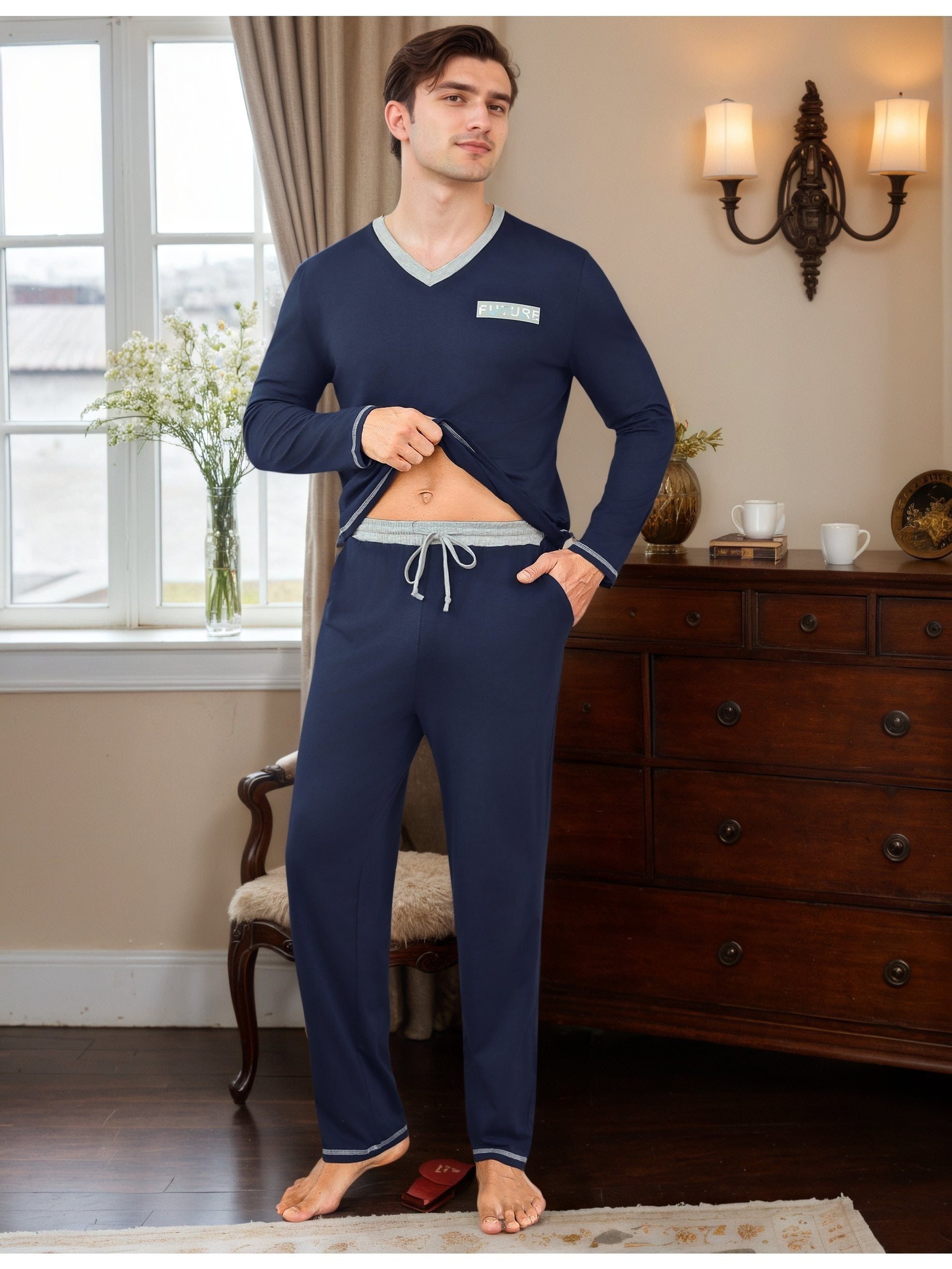 Herren Baumwoll Pyjama V-Neck Print