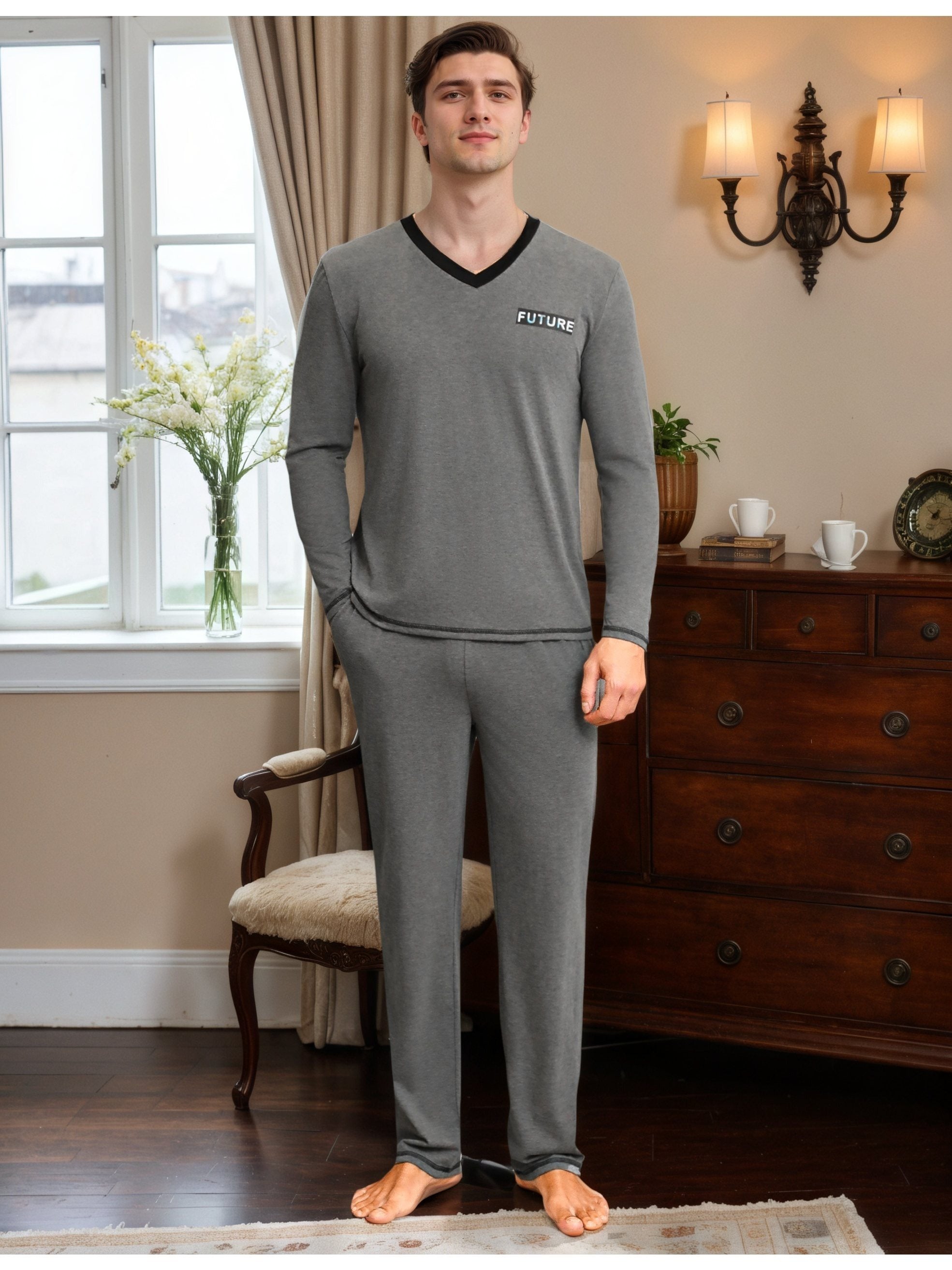 Herren Baumwoll Pyjama V-Neck Print