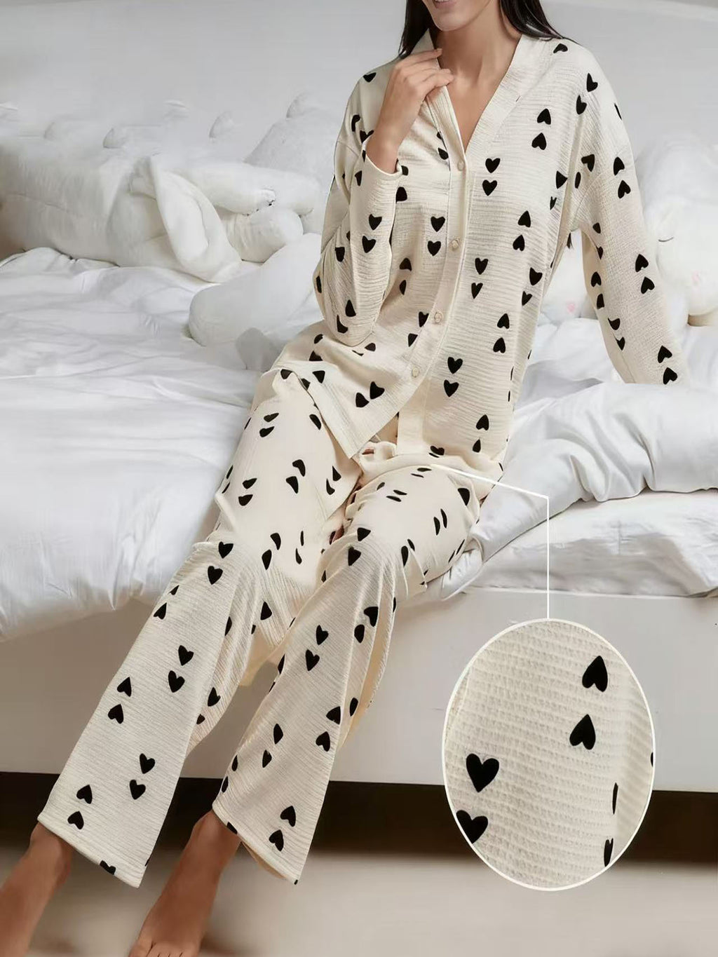 Damen Waffel Pyjama Herz Print