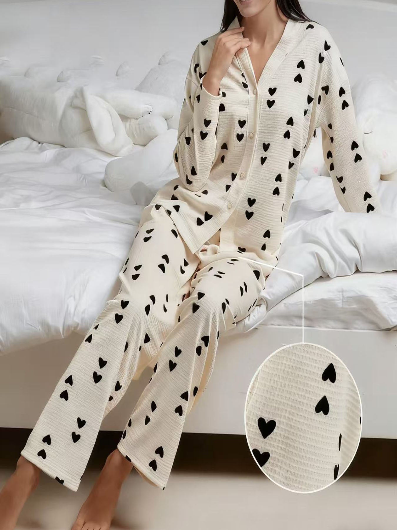 Damen Waffel Pyjama Herz Print