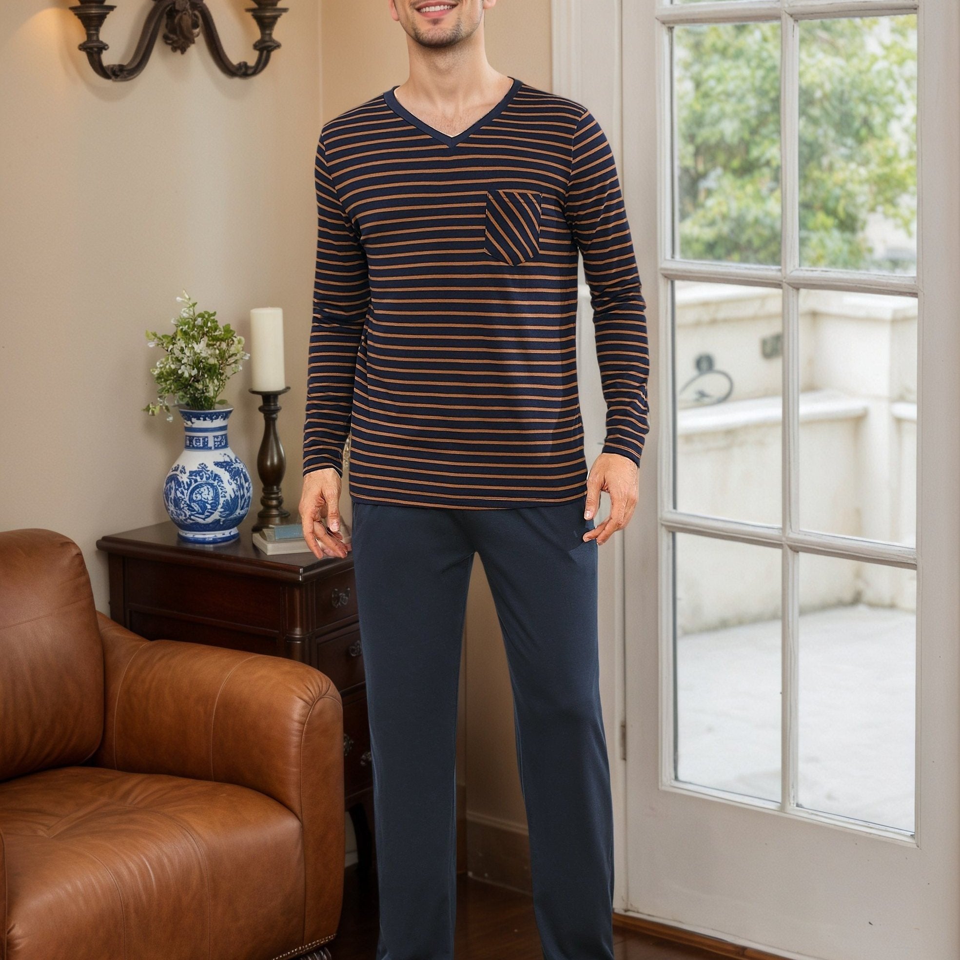 Herren Baumwoll Pyjama Streifen Set