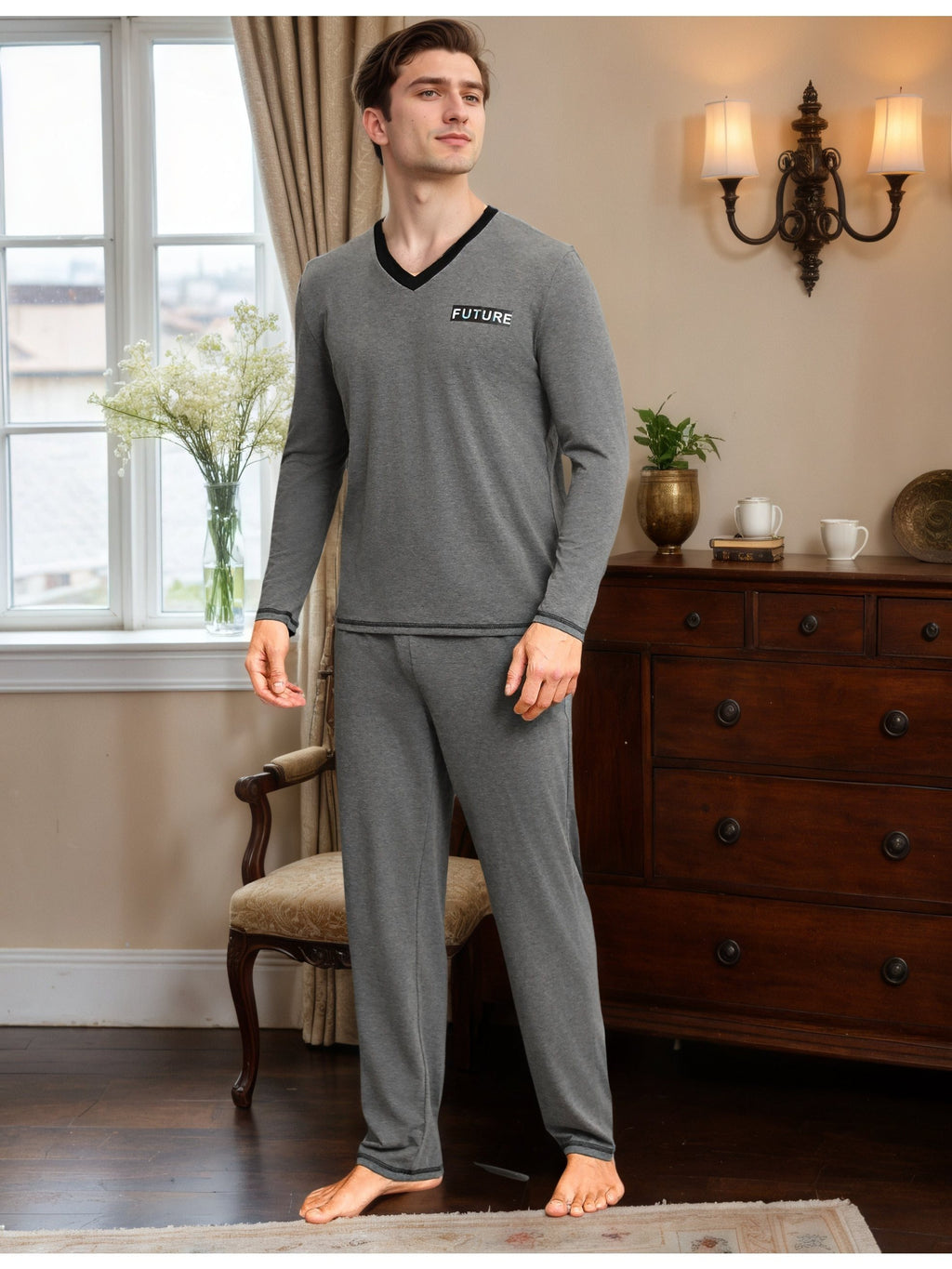Herren Baumwoll Pyjama V-Neck Print