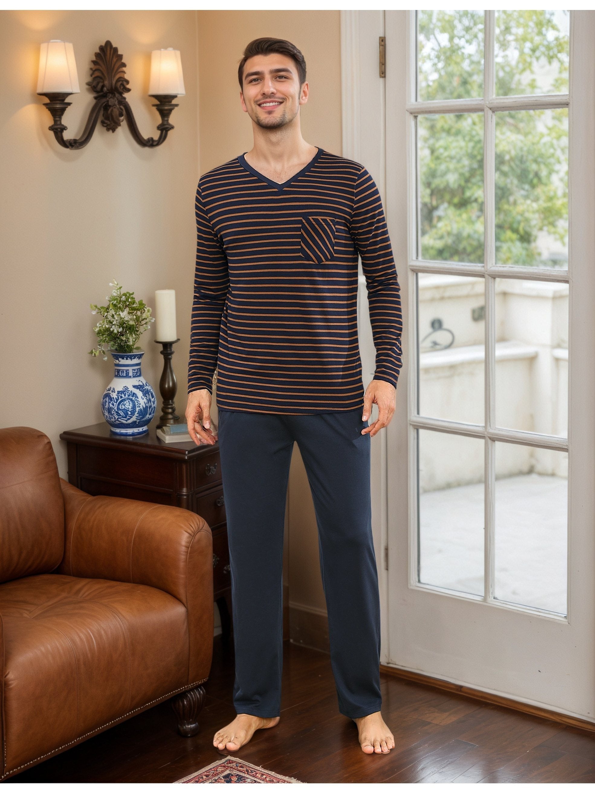 Herren Baumwoll Pyjama Streifen Set
