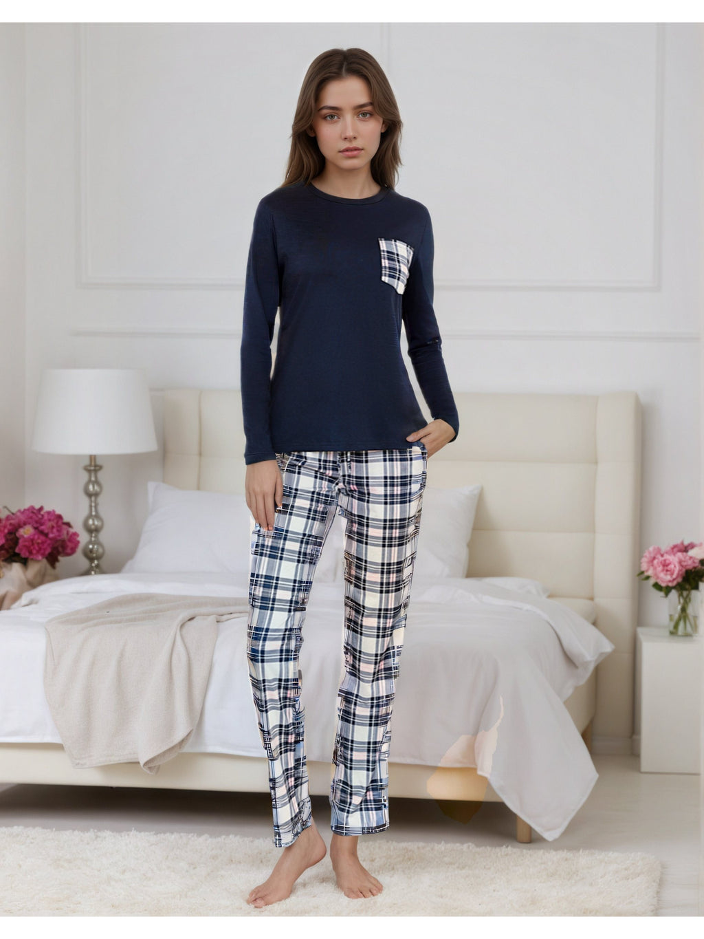 Damen Baumwoll Pyjama Kariert Set