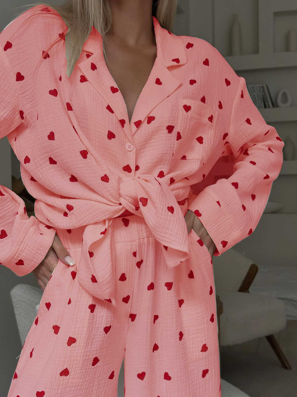 Damen Waffel Pyjama Herz Set