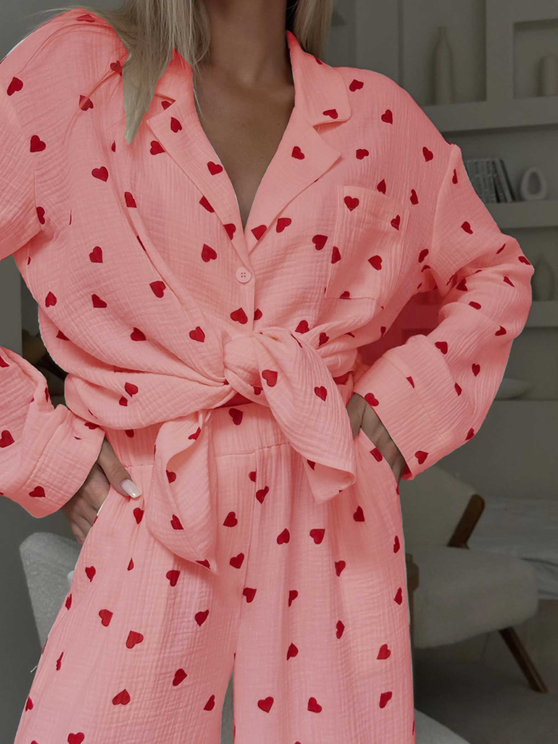 Damen Waffel Pyjama Herz Set