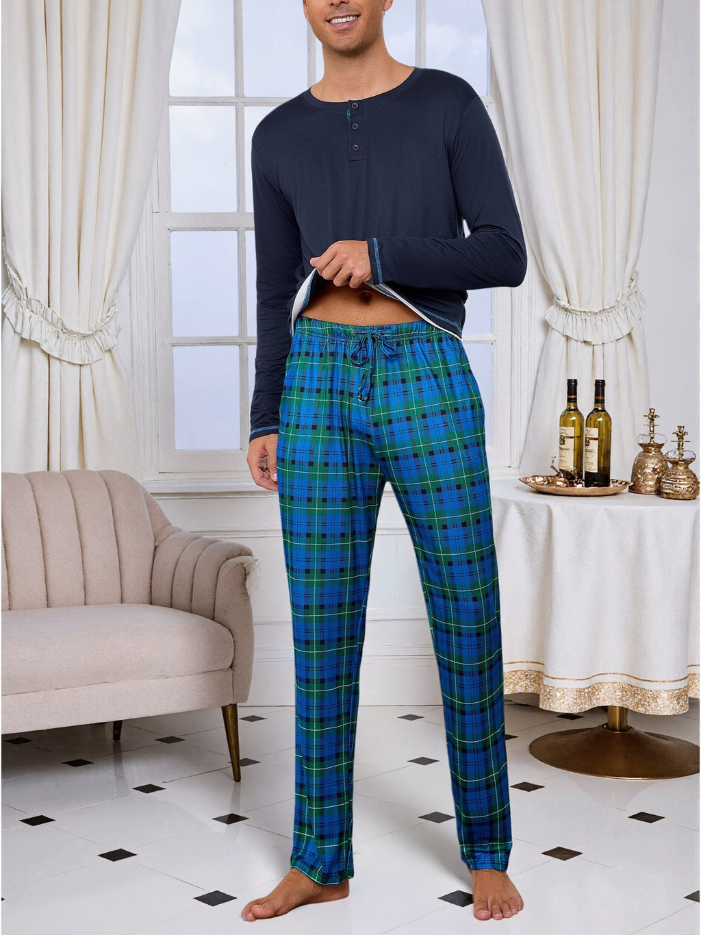 Herren Baumwoll Pyjama Rundhals Set