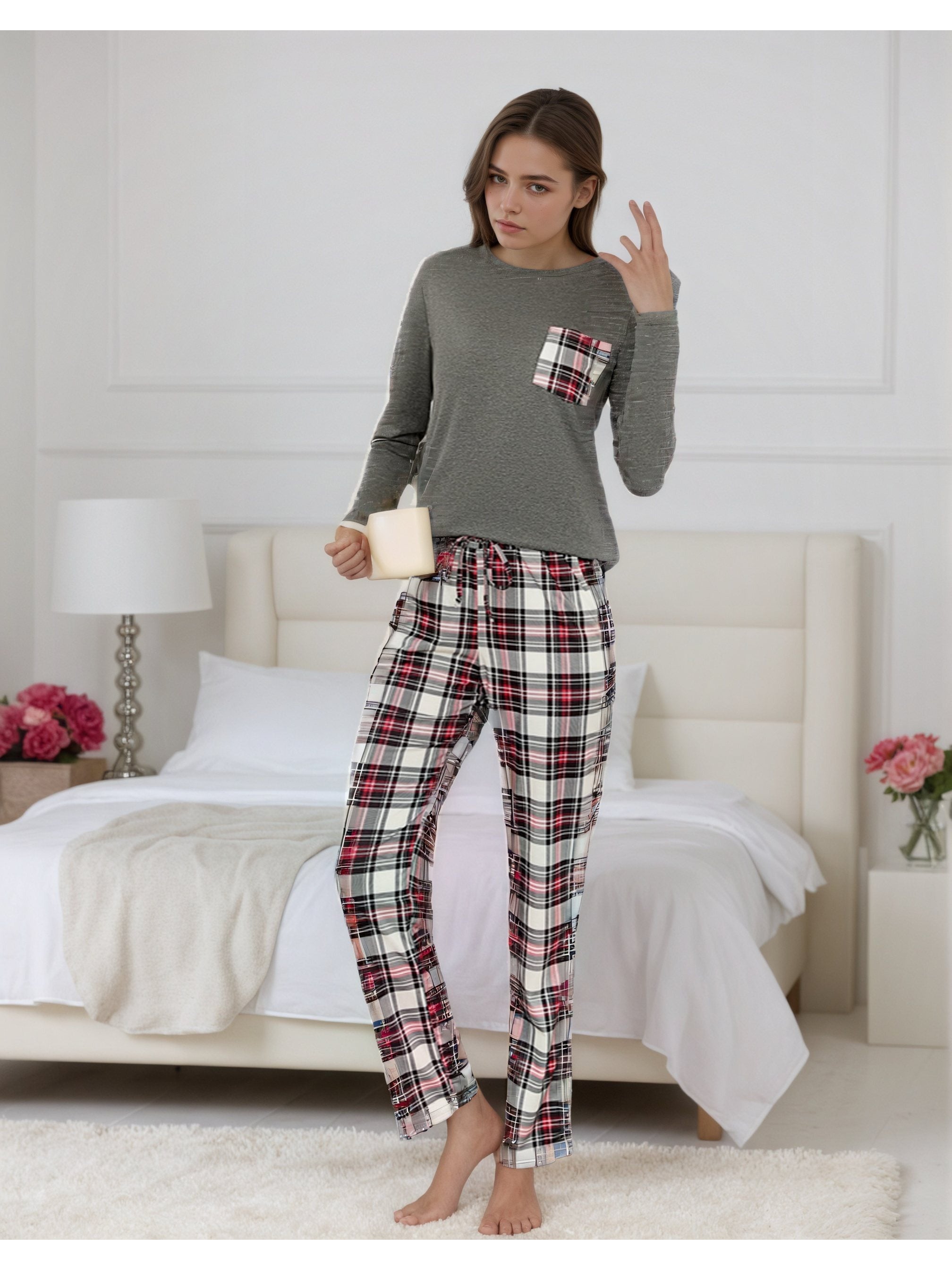 Damen Baumwoll Pyjama Kariert Set