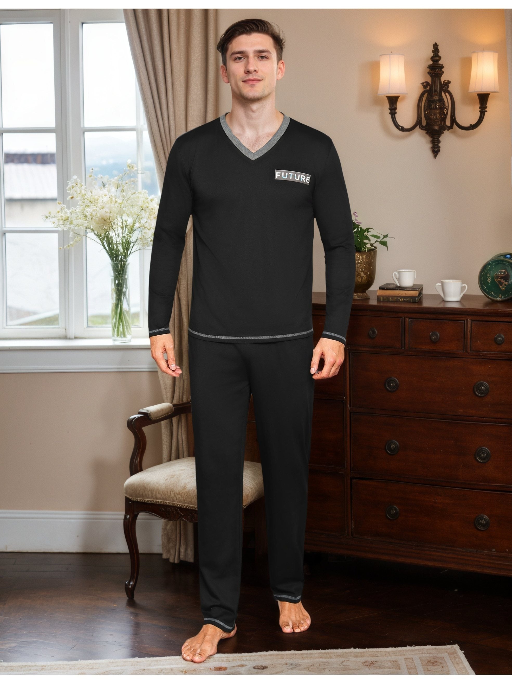 Herren Baumwoll Pyjama V-Neck Print