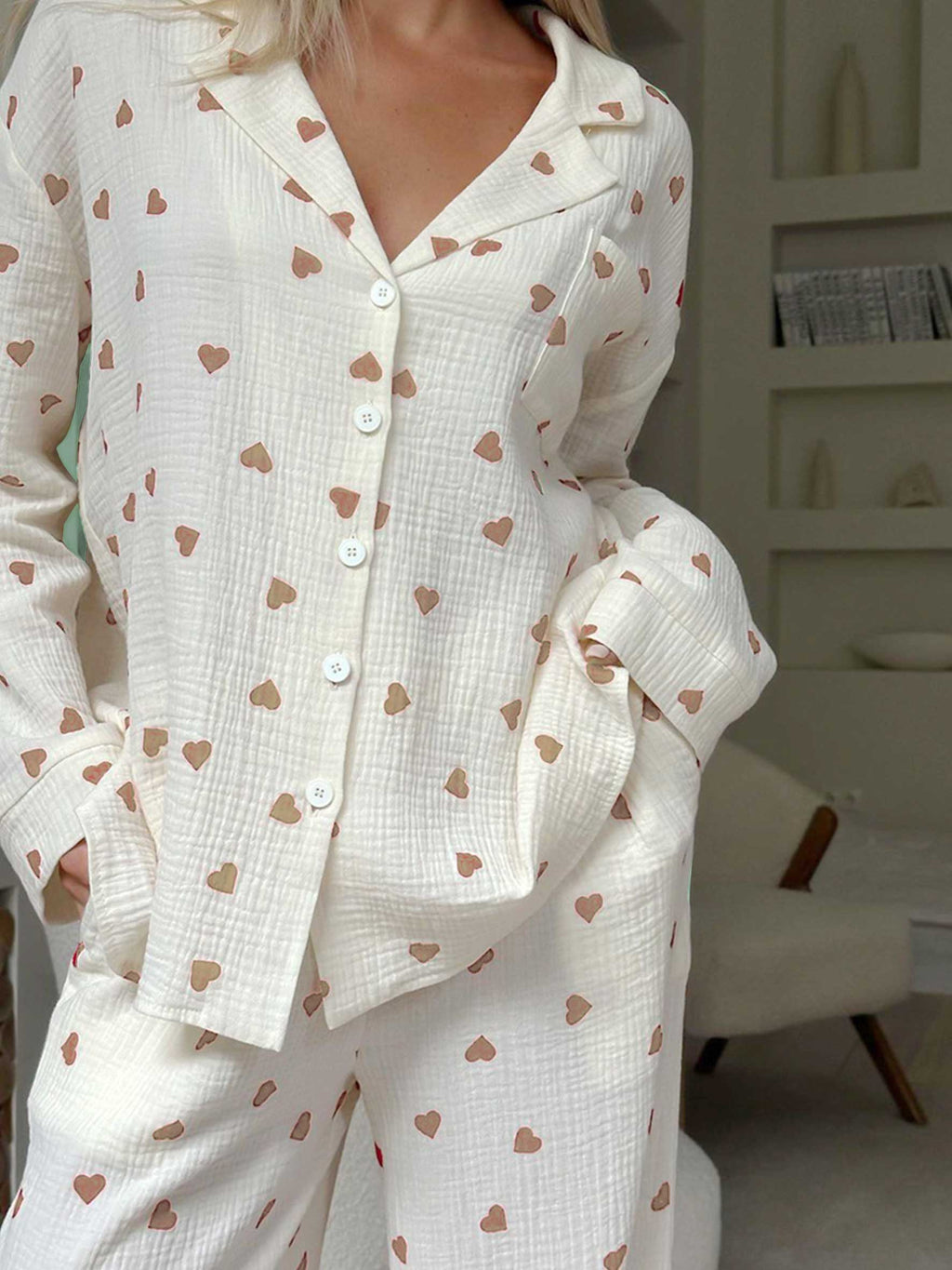 Damen Waffel Pyjama Herz Set