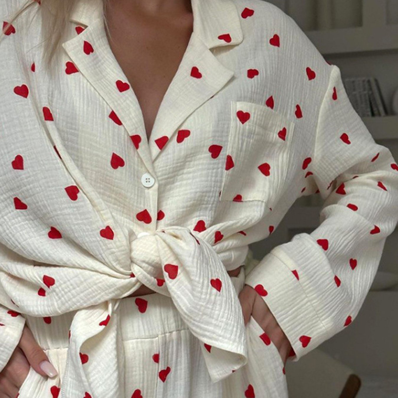 Damen Waffel Pyjama Herz Set