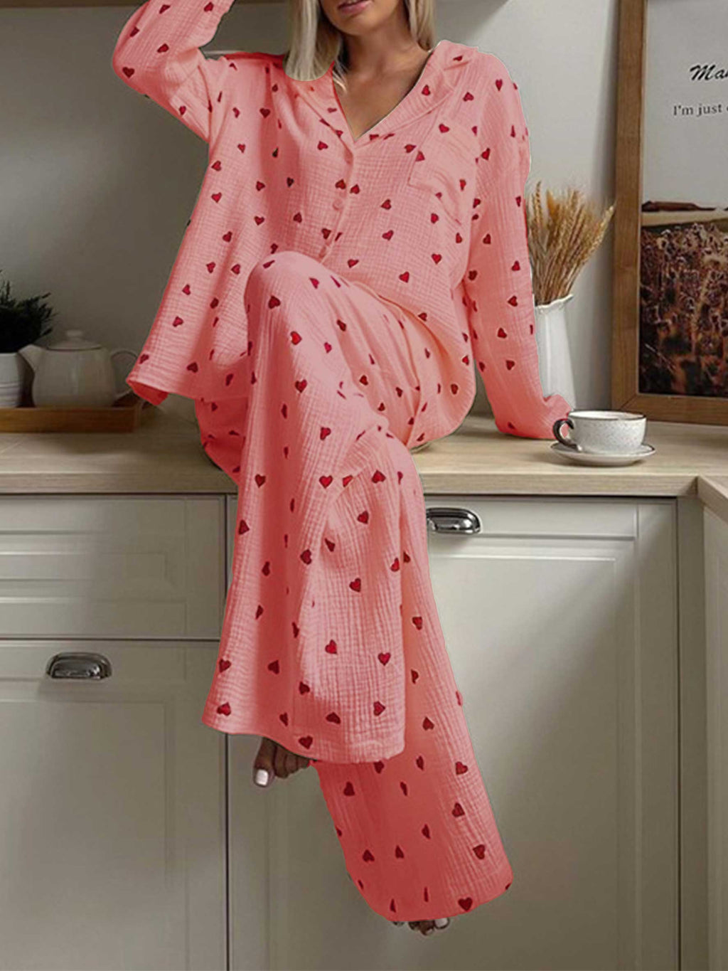 Damen Waffel Pyjama Herz Set