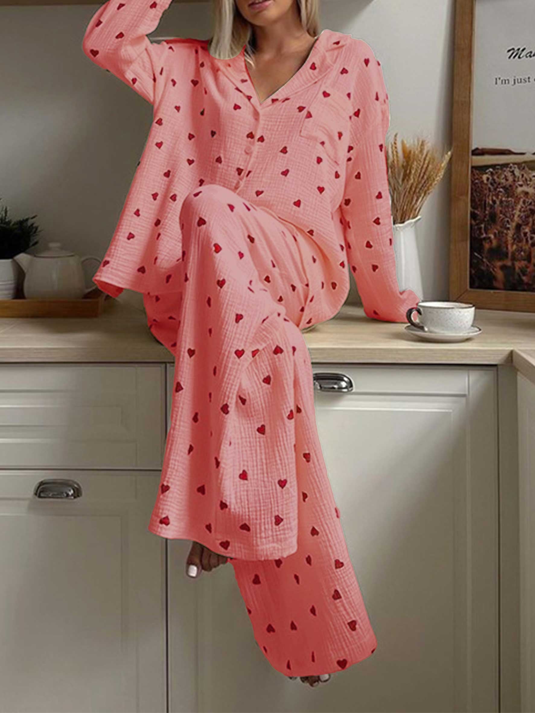 Damen Waffel Pyjama Herz Set