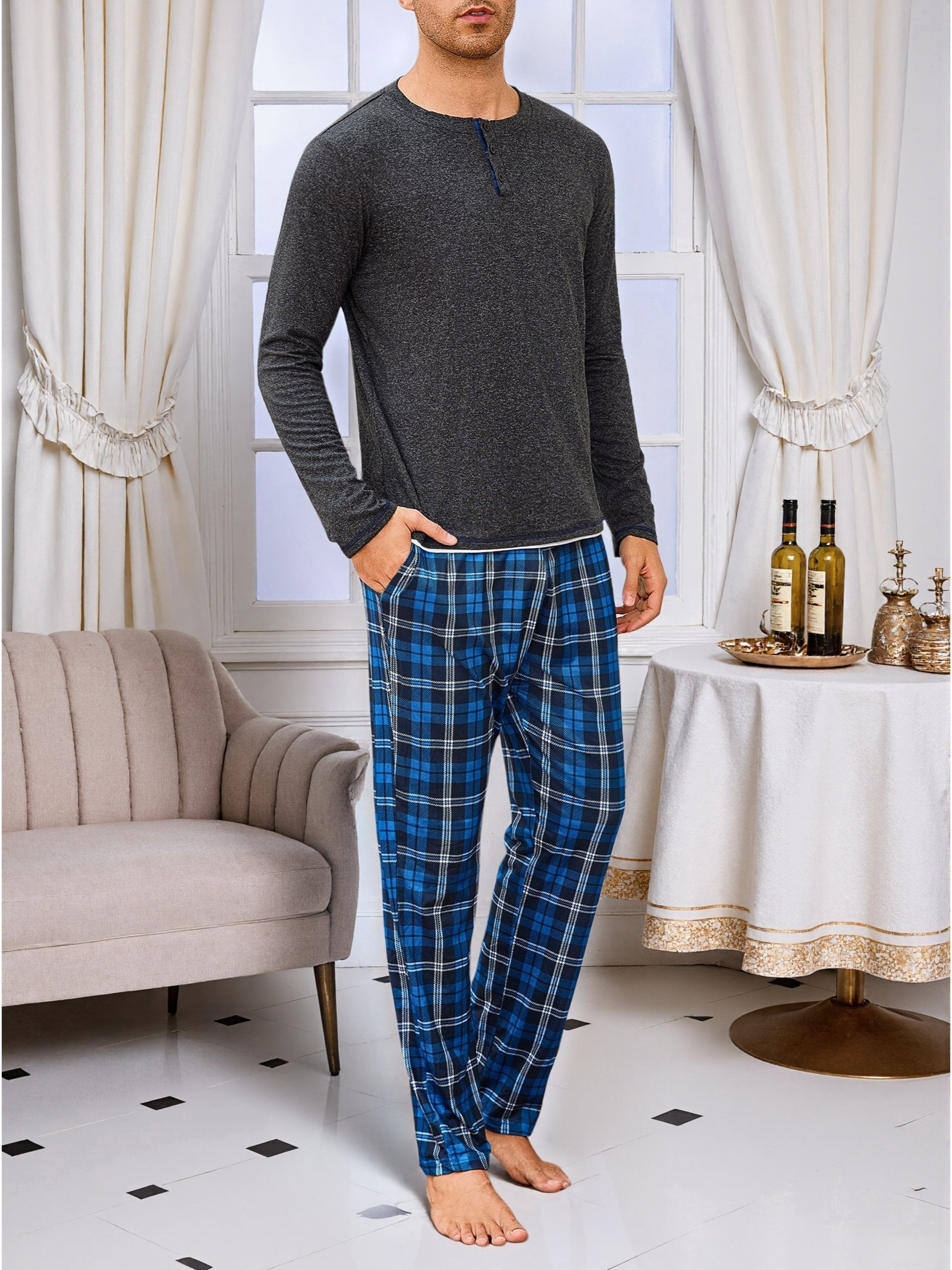 Herren Baumwoll Pyjama Rundhals Set