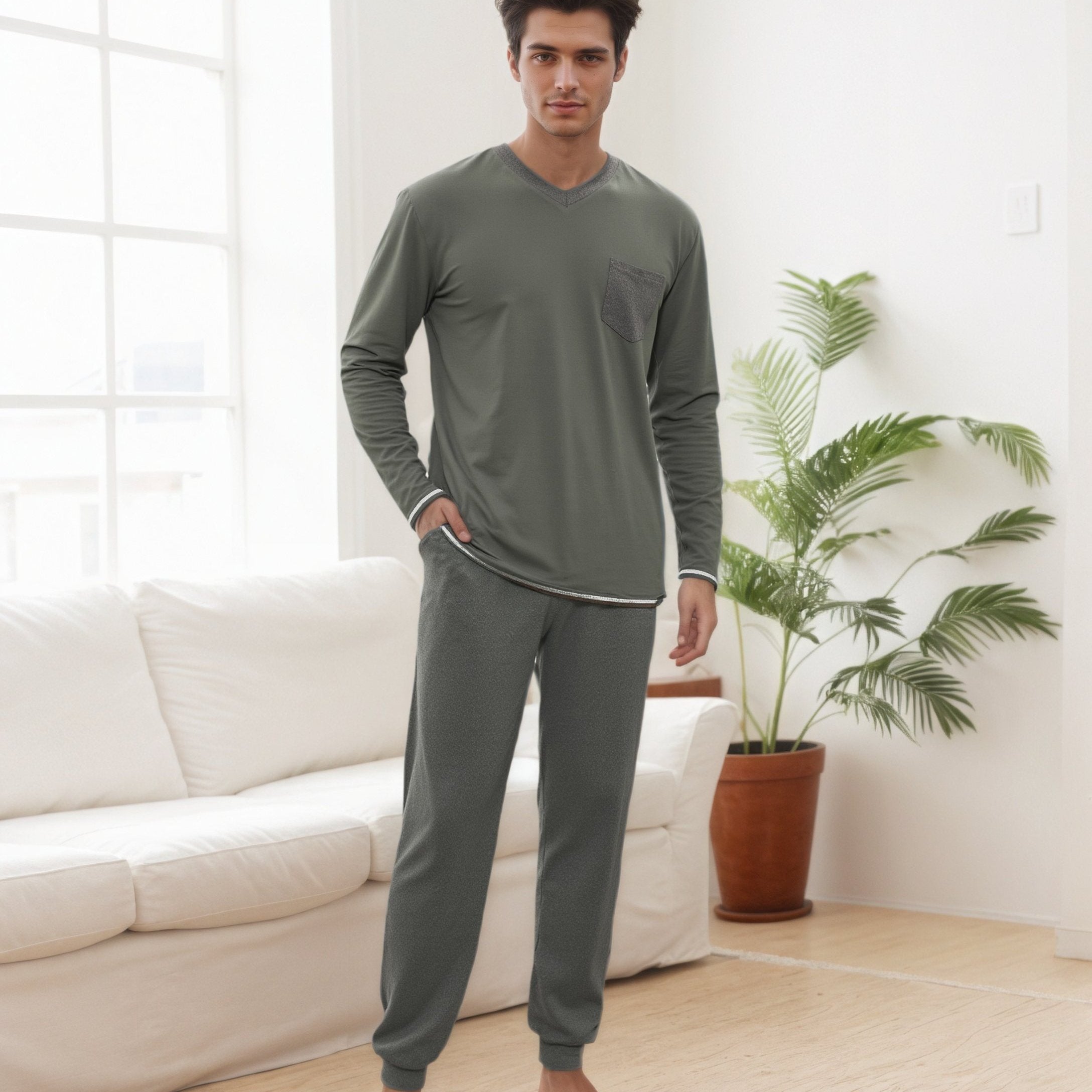 Herren Baumwoll Pyjama Winter Langarm