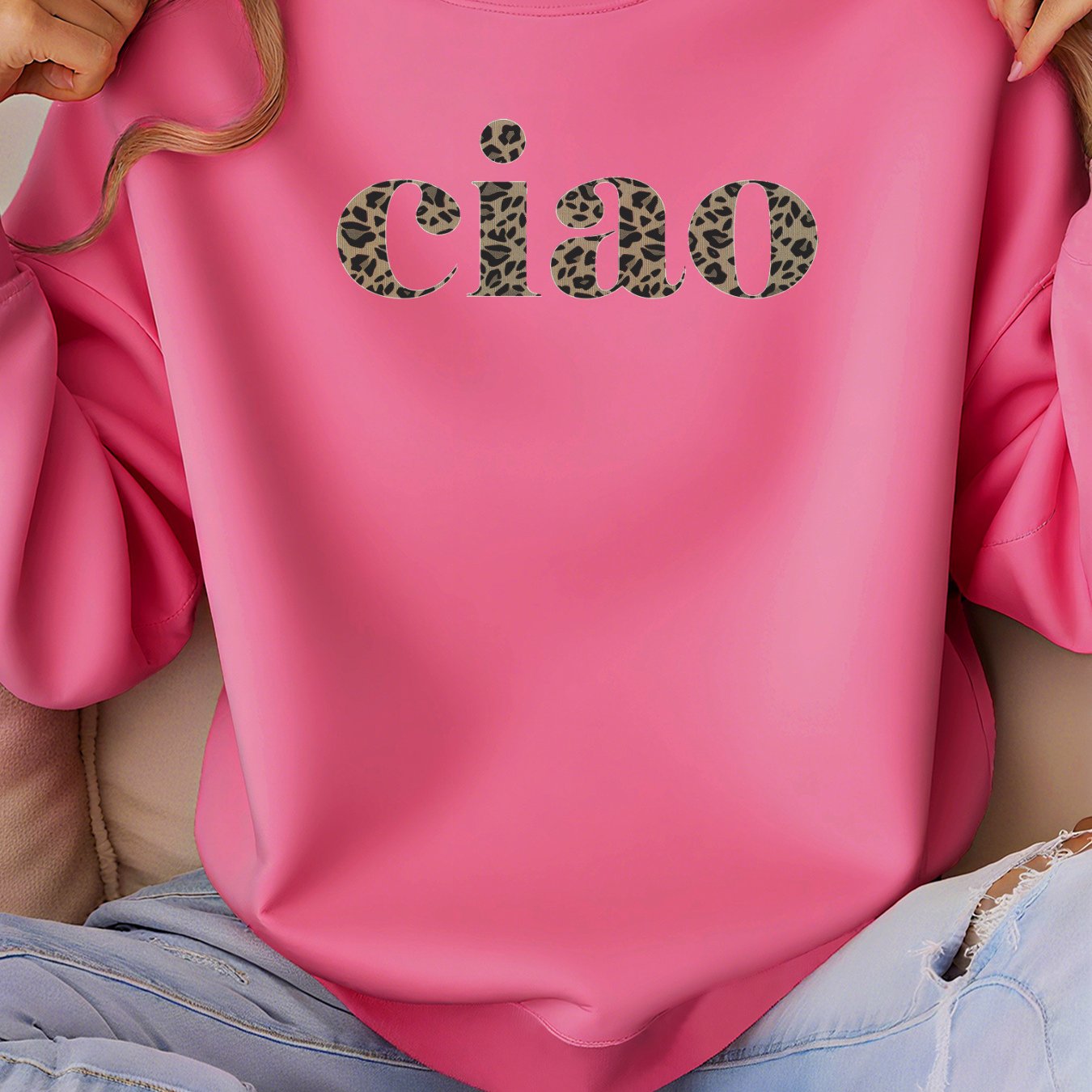 Damen Sweatshirt Pink Leopard Print