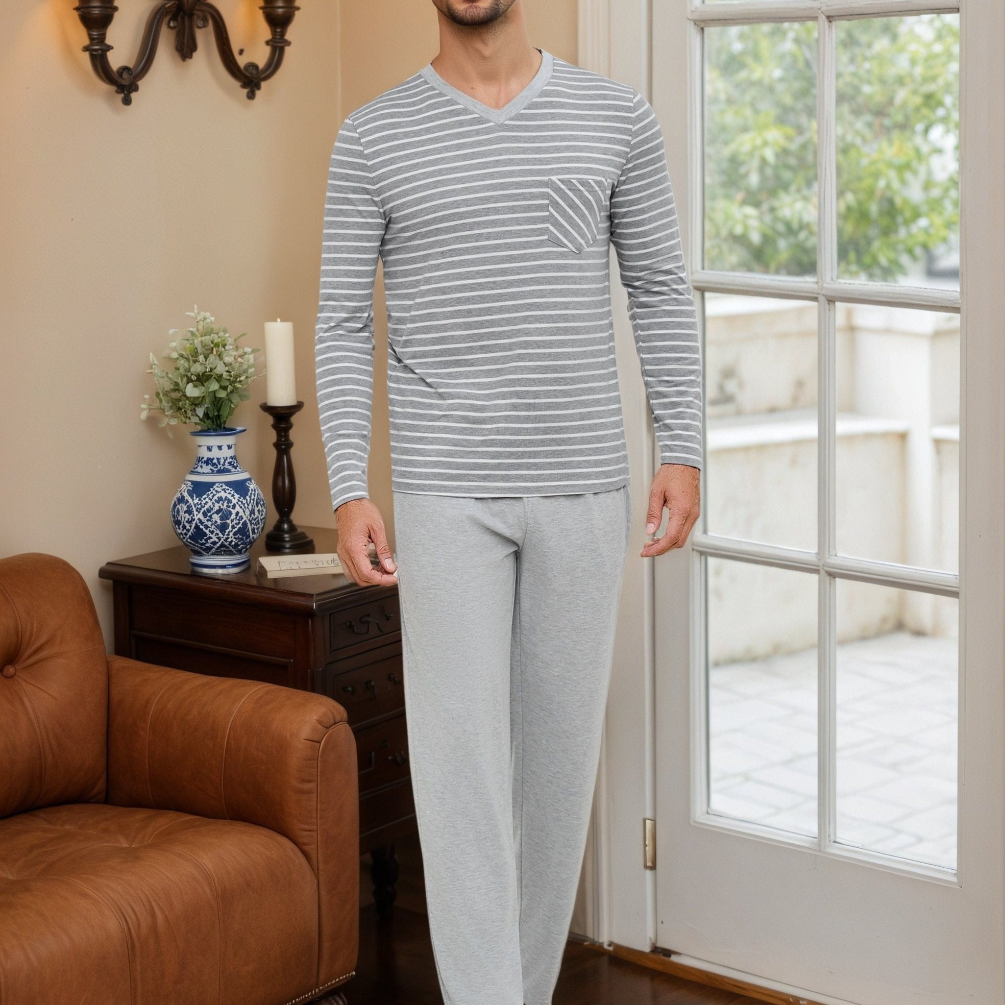 Herren Baumwoll Pyjama Streifen Set