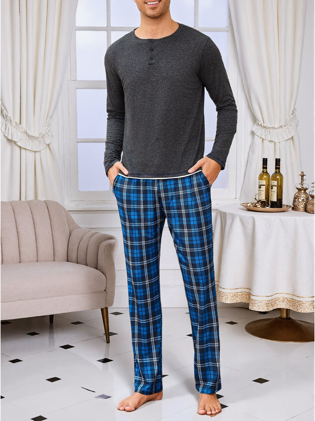Herren Baumwoll Pyjama Rundhals Set