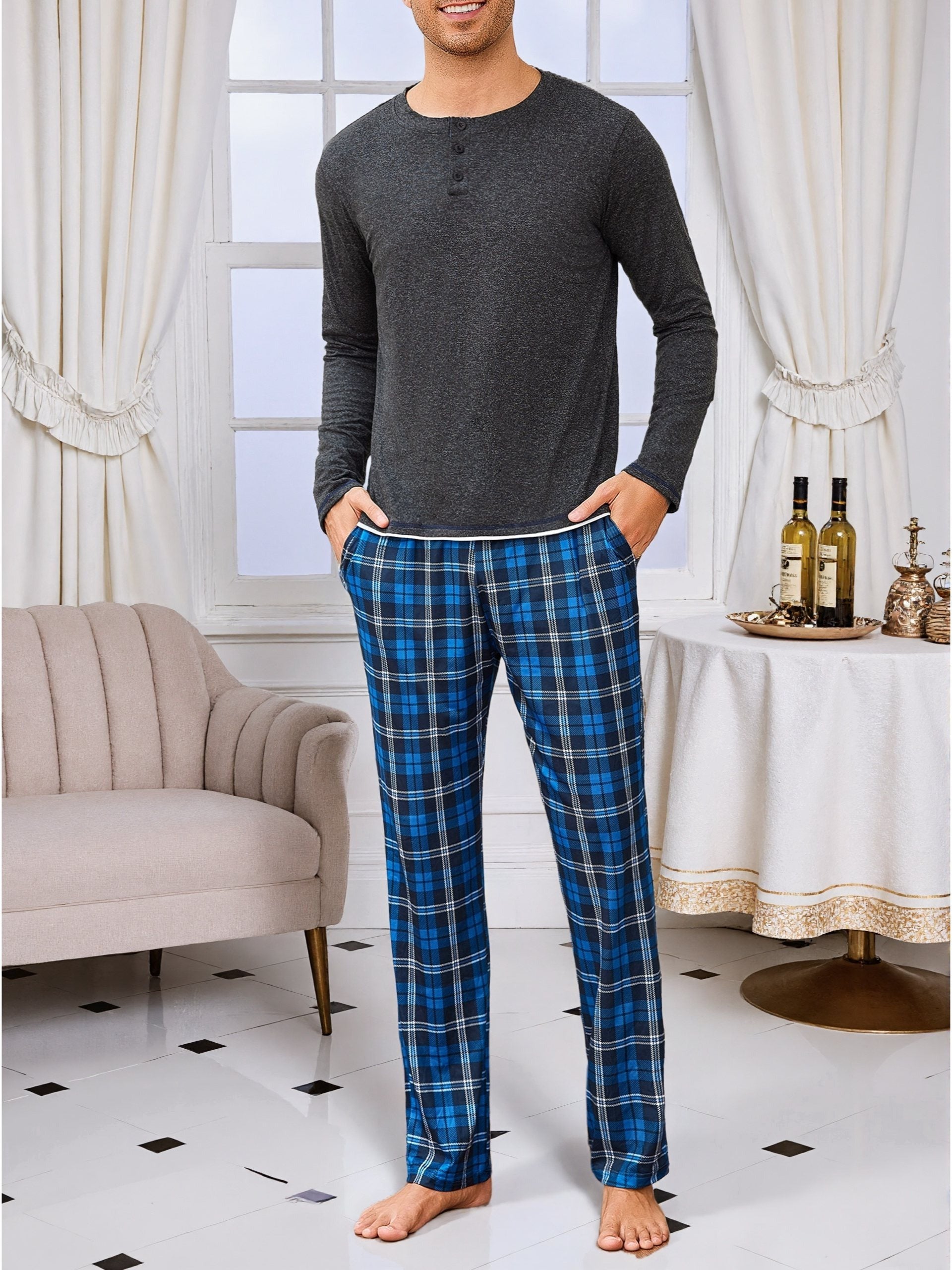 Herren Baumwoll Pyjama Rundhals Set