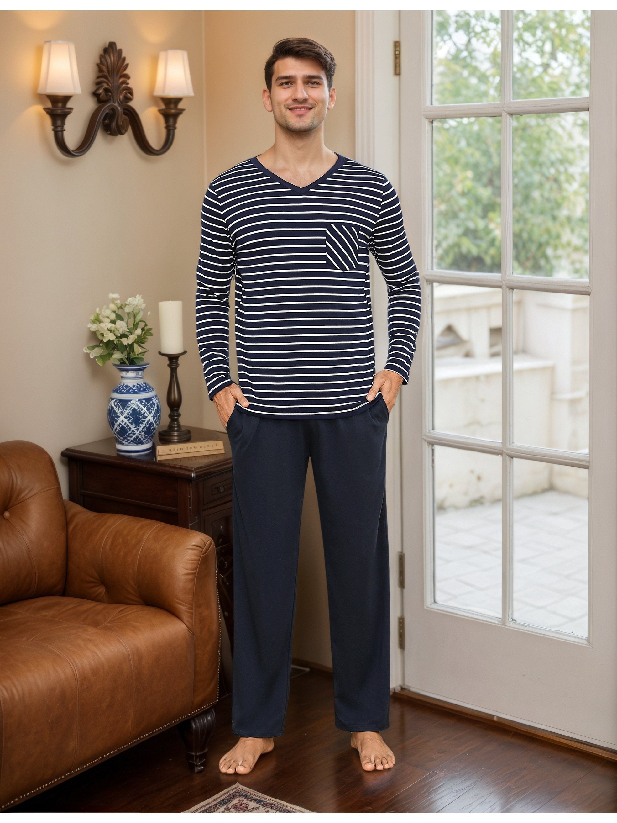 Herren Baumwoll Pyjama Streifen Set