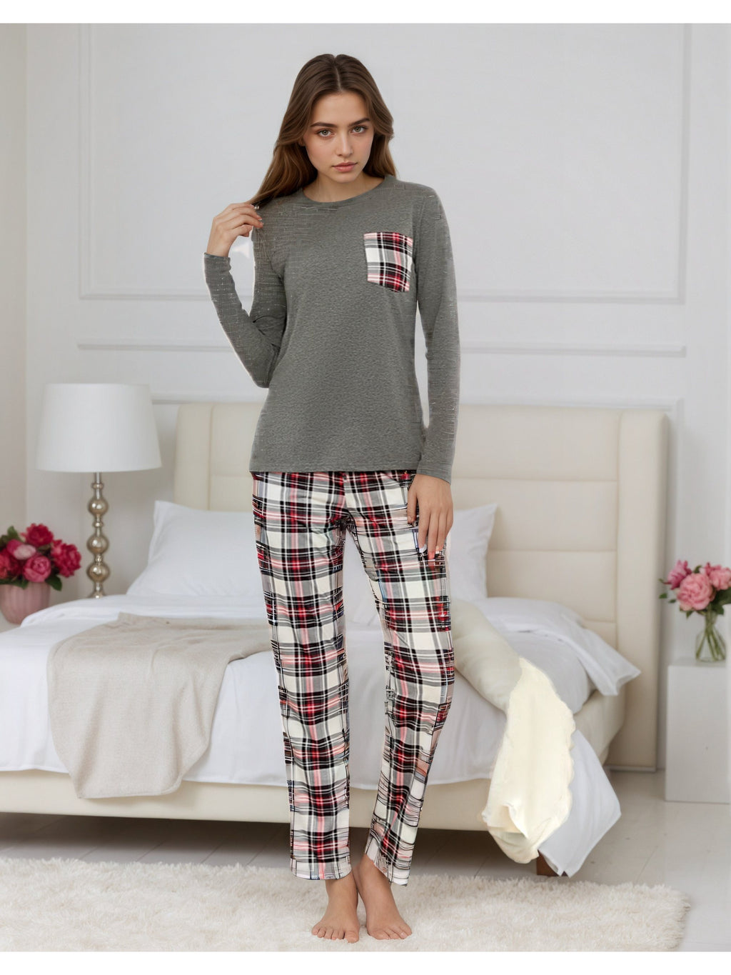 Damen Baumwoll Pyjama Kariert Set