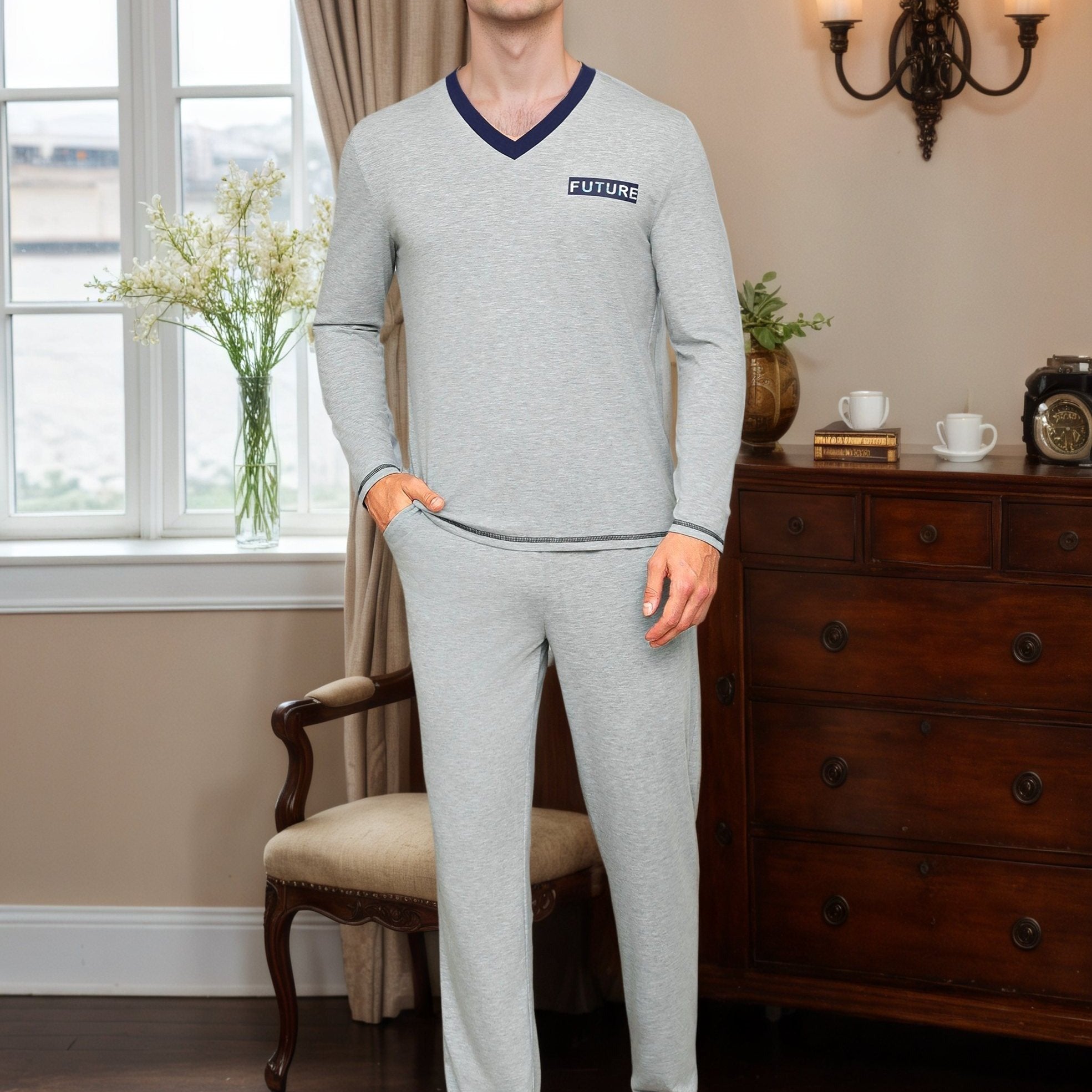 Herren Baumwoll Pyjama V-Neck Print