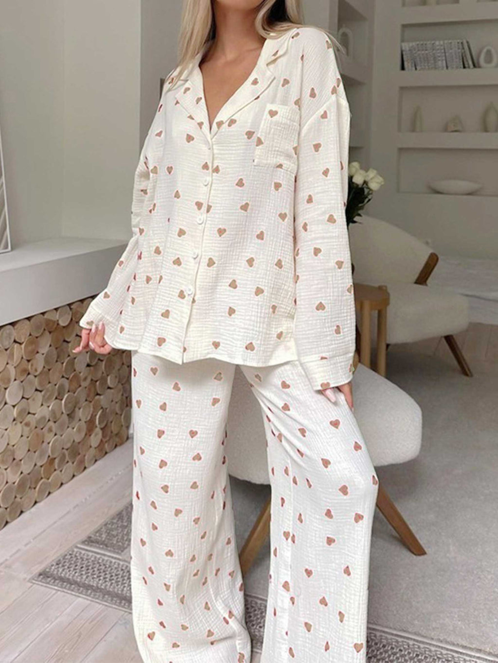 Damen Waffel Pyjama Herz Set