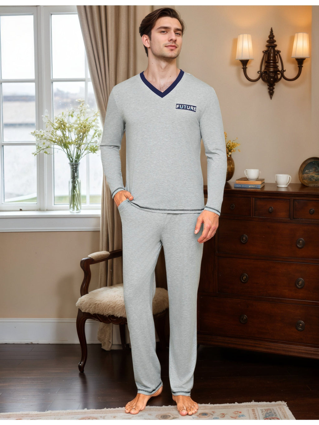 Herren Baumwoll Pyjama V-Neck Print