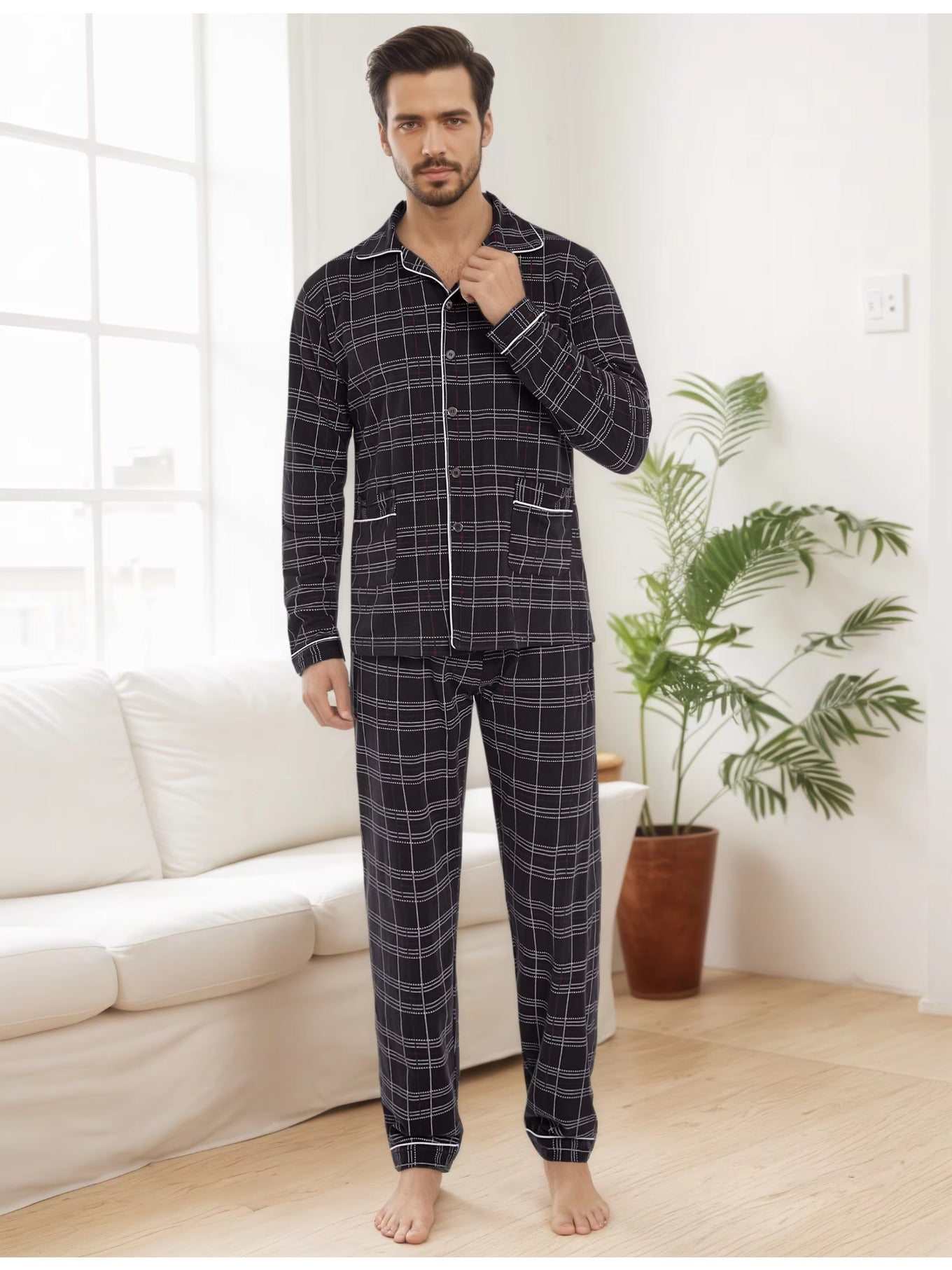 Herren Karierter Pyjama V-Ausschnitt
