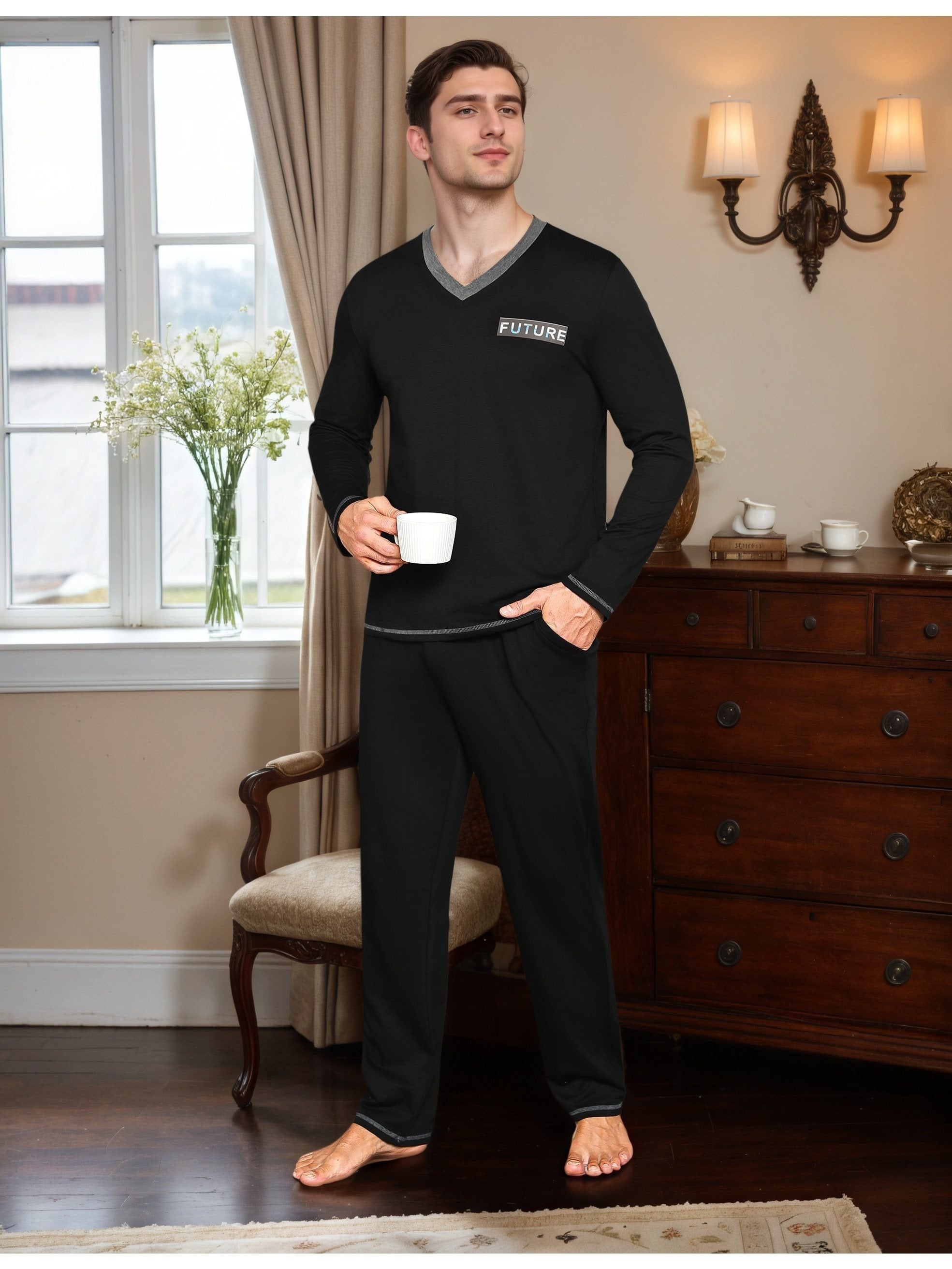 Herren Baumwoll Pyjama V-Neck Print