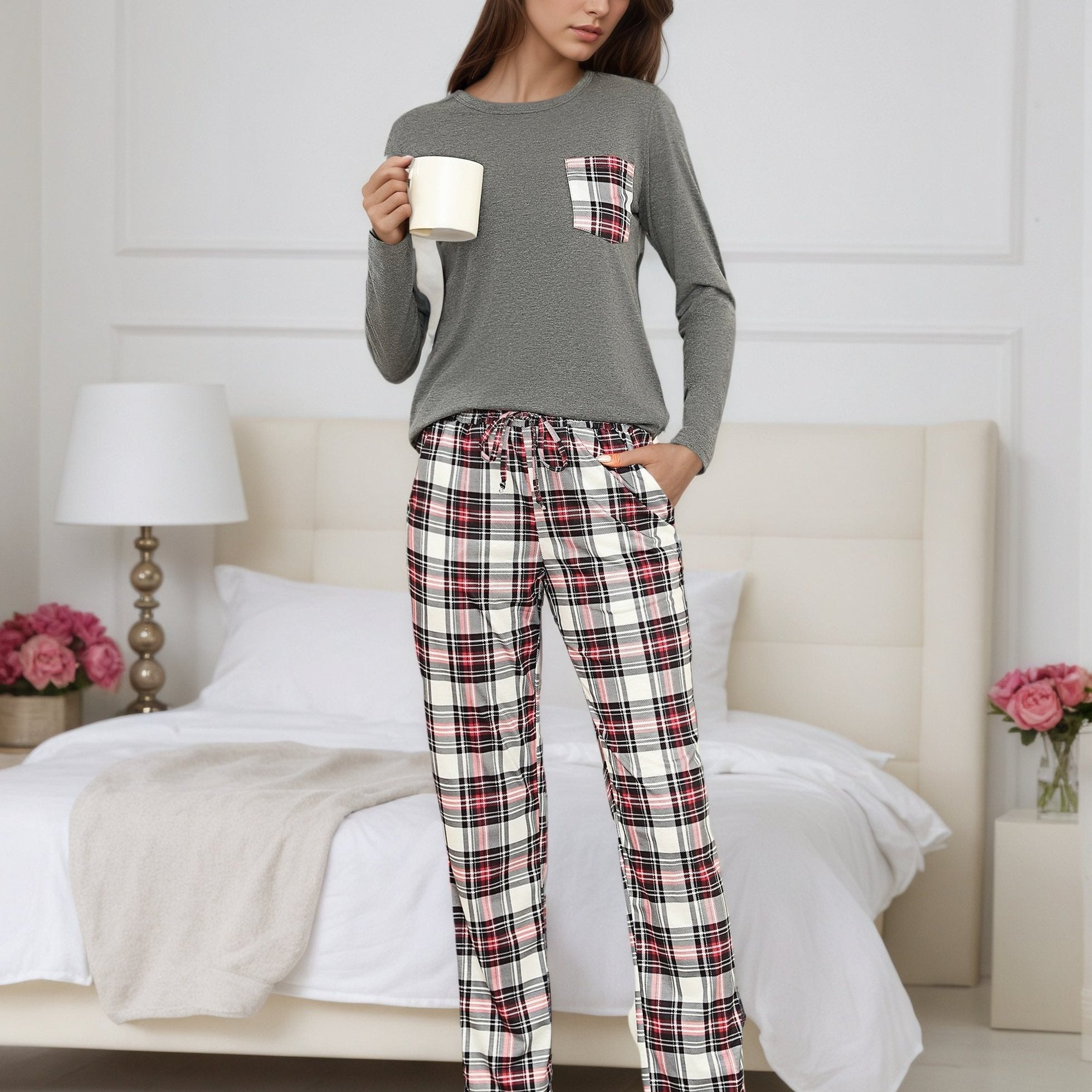 Damen Baumwoll Pyjama Kariert Set