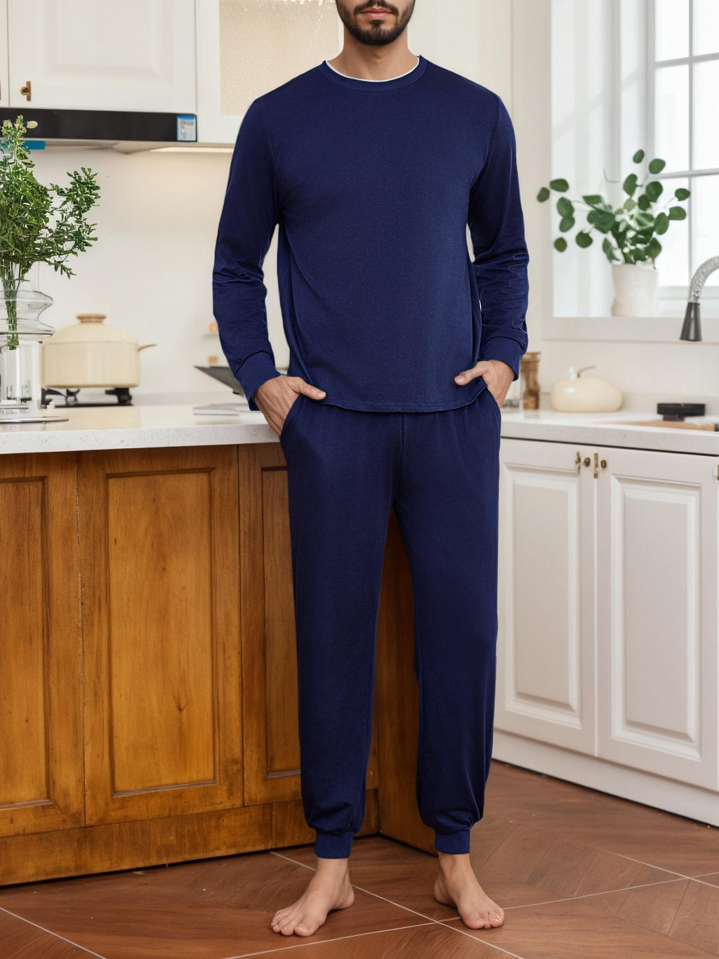 Herren Baumwoll Pyjama Winter Rundhals