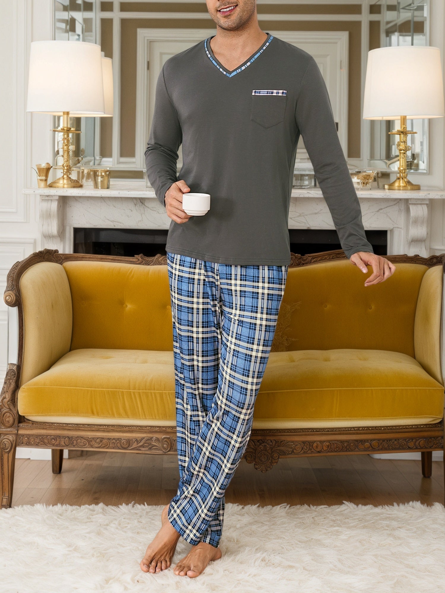 Herren Pyjama V-Ausschnitt Streifen
