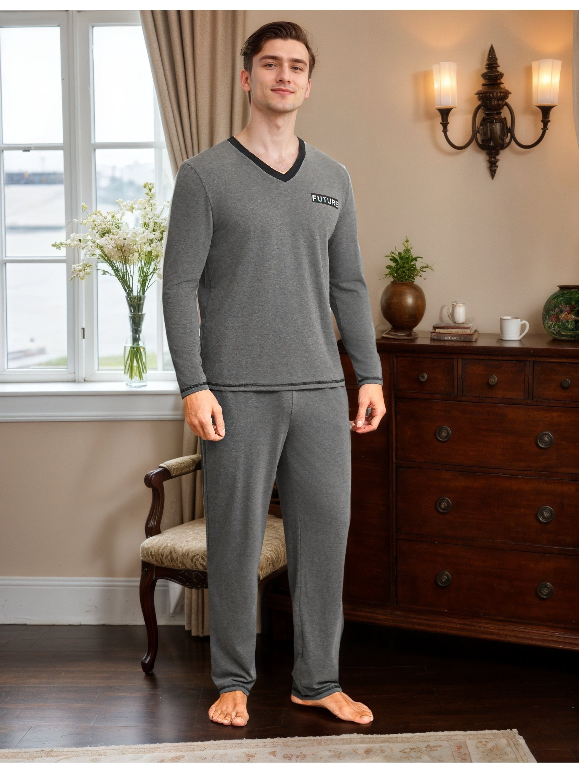 Herren Baumwoll Pyjama V-Neck Print