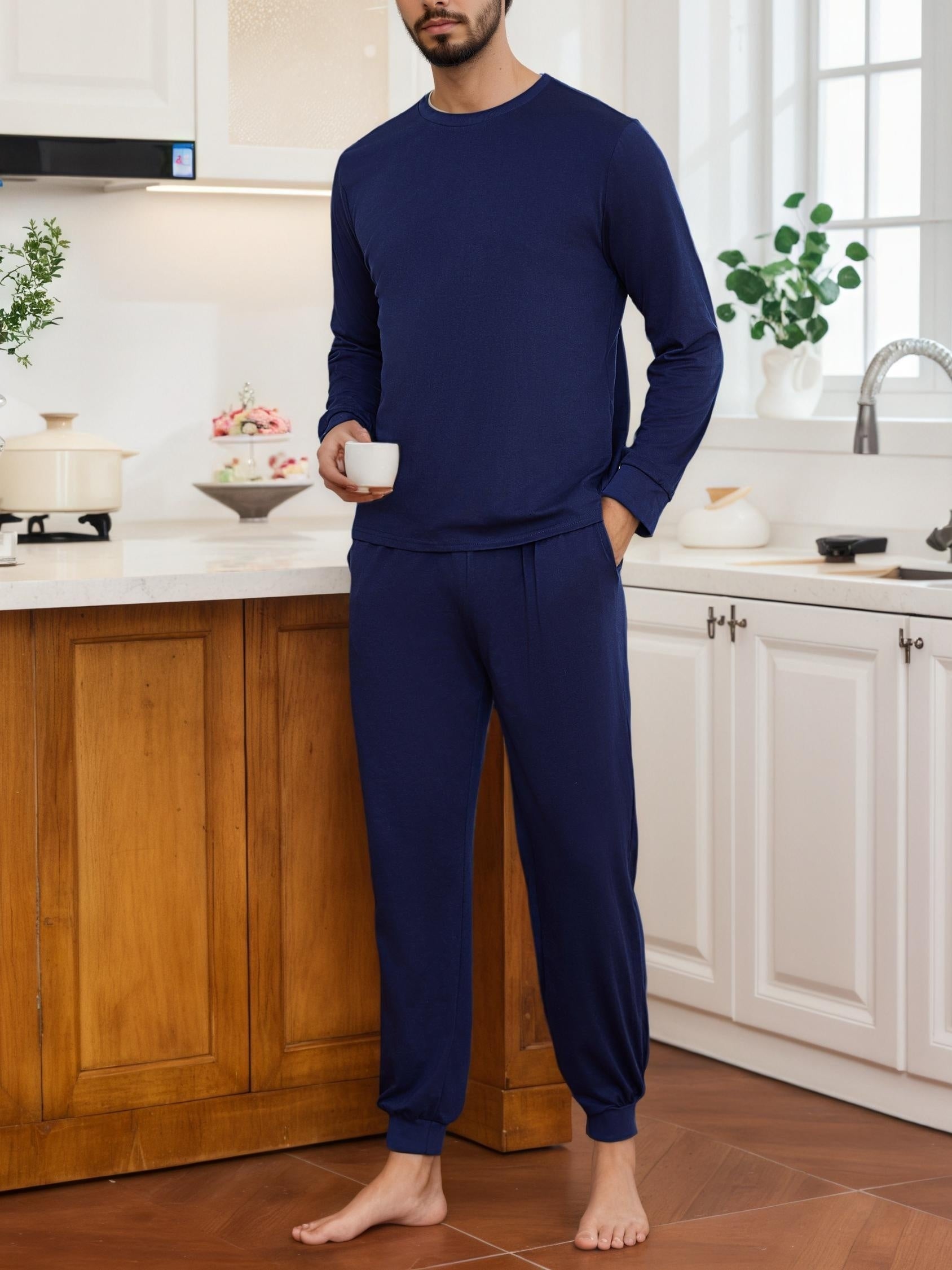 Herren Baumwoll Pyjama Winter Rundhals