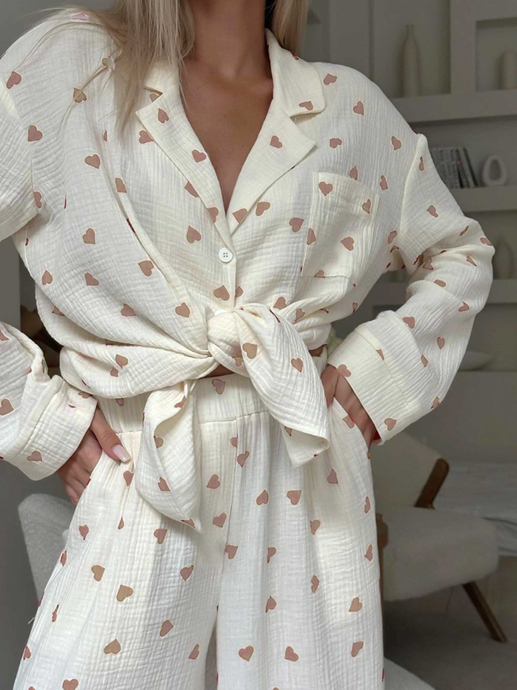 Damen Waffel Pyjama Herz Set