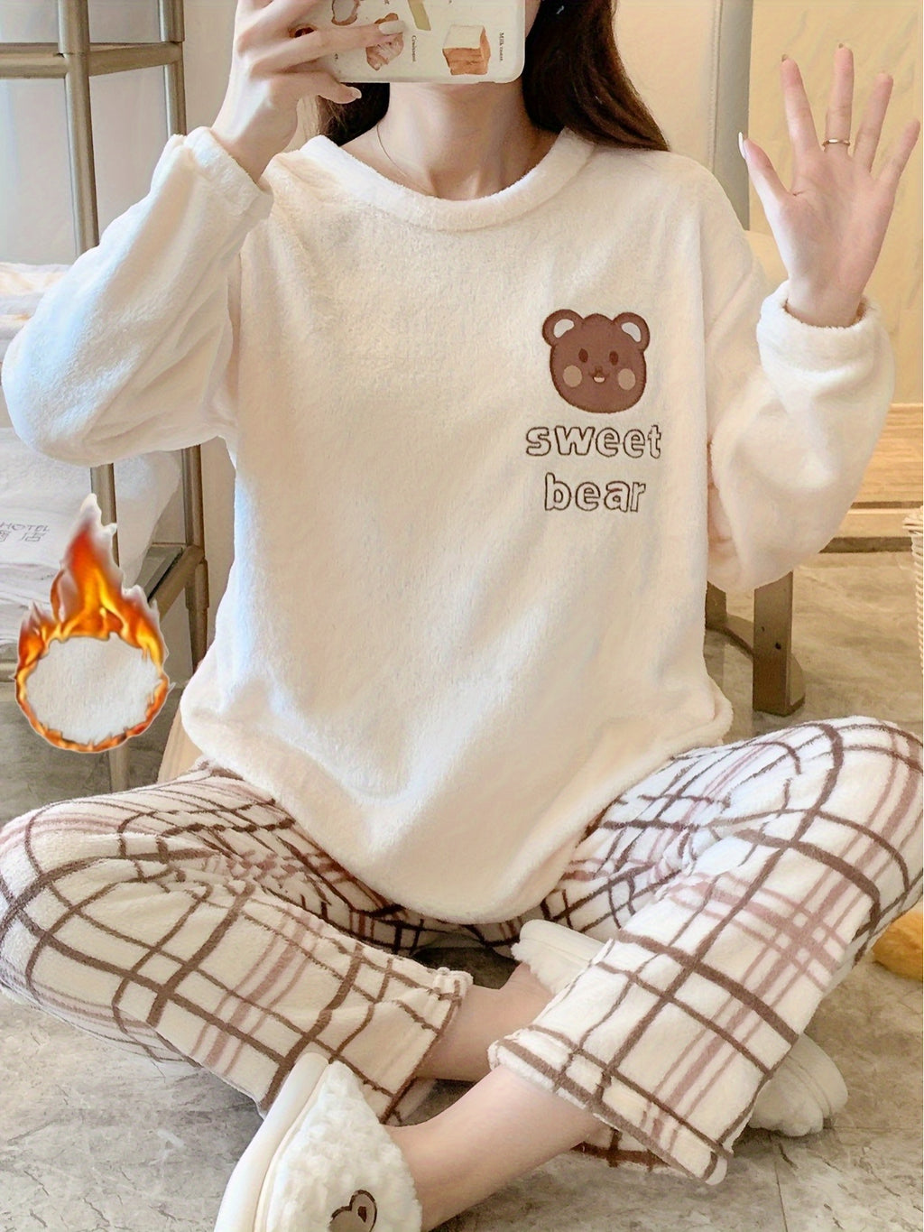 Damen Samt Pyjama Bär Kariert