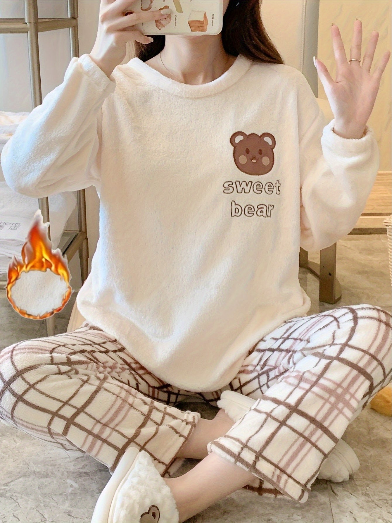 Damen Samt Pyjama Bär Kariert
